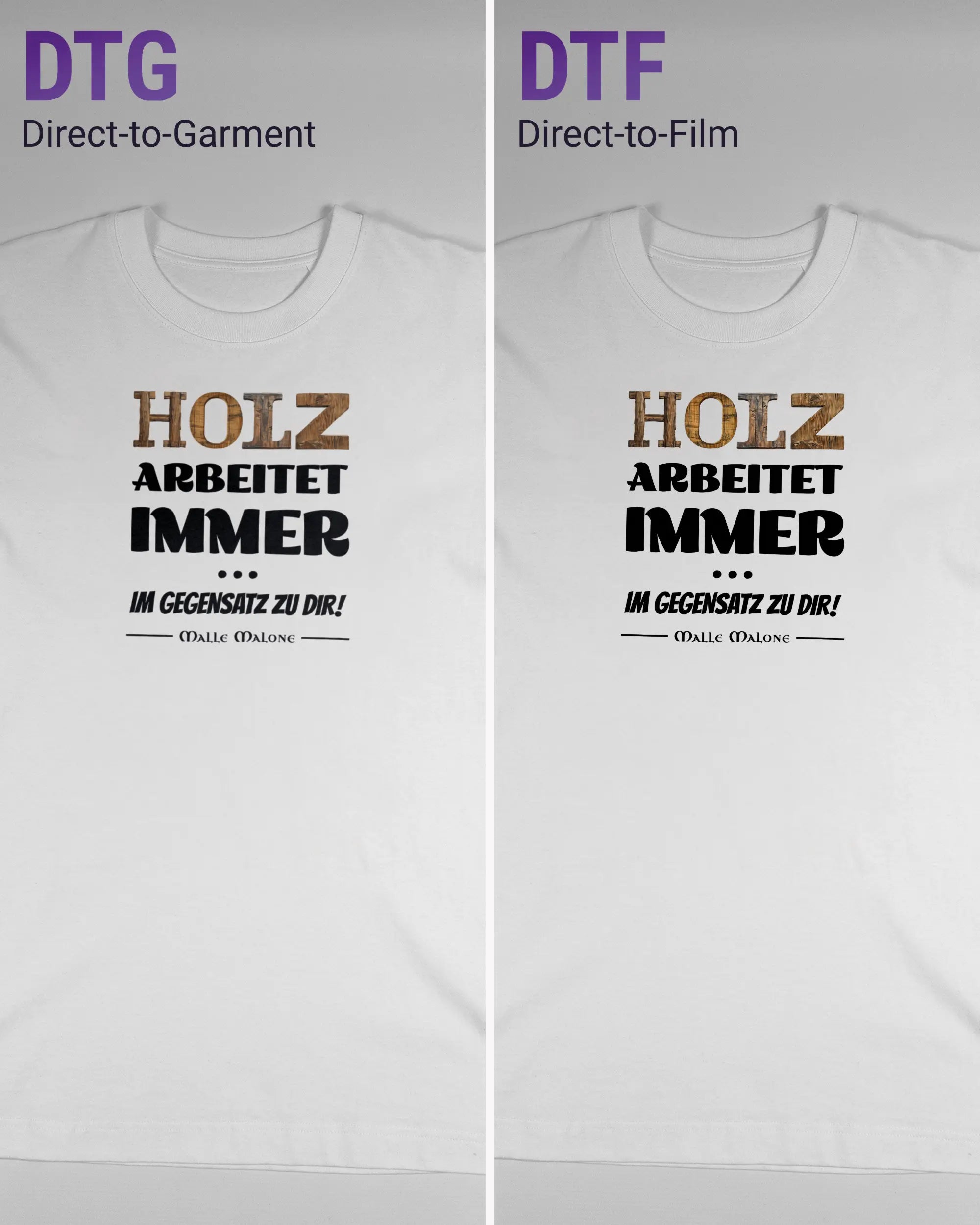 Vergleich der Vorderseiten des Organic Unisex T-Shirt Heavy Oversized von Maondo mit dem Design Holzarbeit in der Farbe White und in der Größe S links mit dem Direct-to-Garment und rechts mit dem Direct-to-Film Verfahren