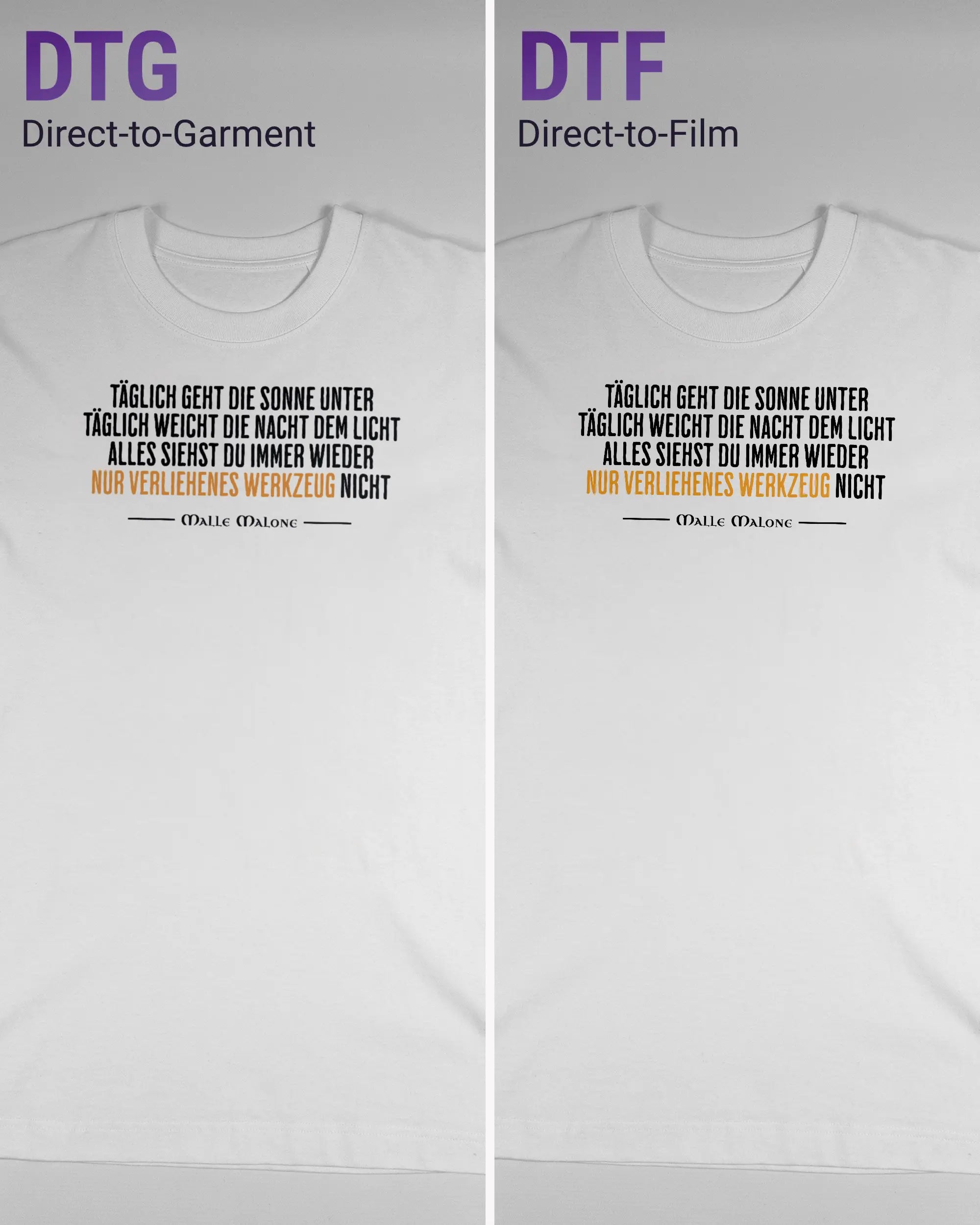 Vergleich der Vorderseiten des Organic Unisex T-Shirt Heavy Oversized von Maondo mit dem Design Wegzeug in der Farbe White und in der Größe S links mit dem Direct-to-Garment und rechts mit dem Direct-to-Film Verfahren