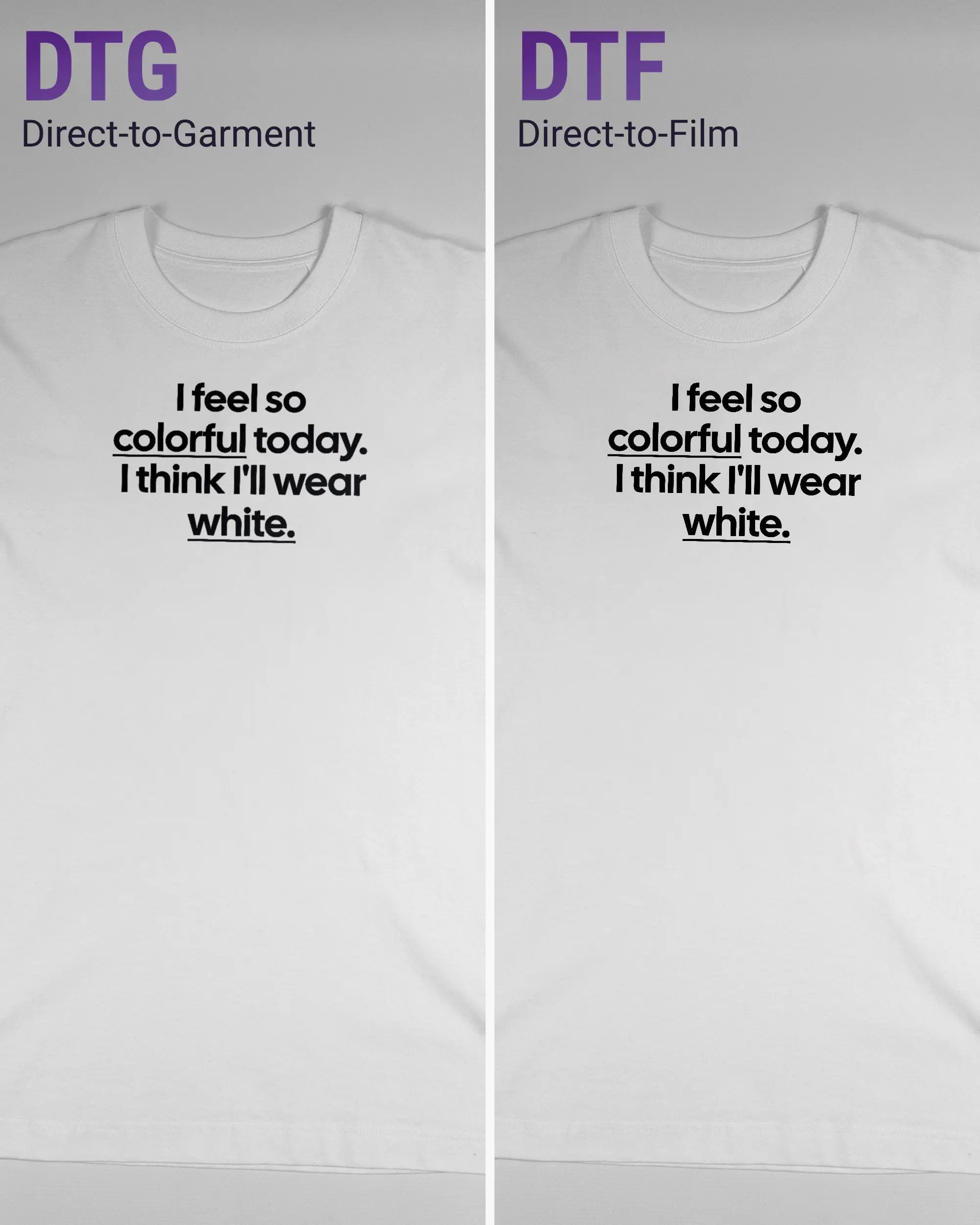 Vergleich der Vorderseiten des Organic Unisex T-Shirt Heavy Oversized von Maondo mit dem Design Colorful Day in der Farbe White und in der Größe S links mit dem Direct-to-Garment und rechts mit dem Direct-to-Film Verfahren