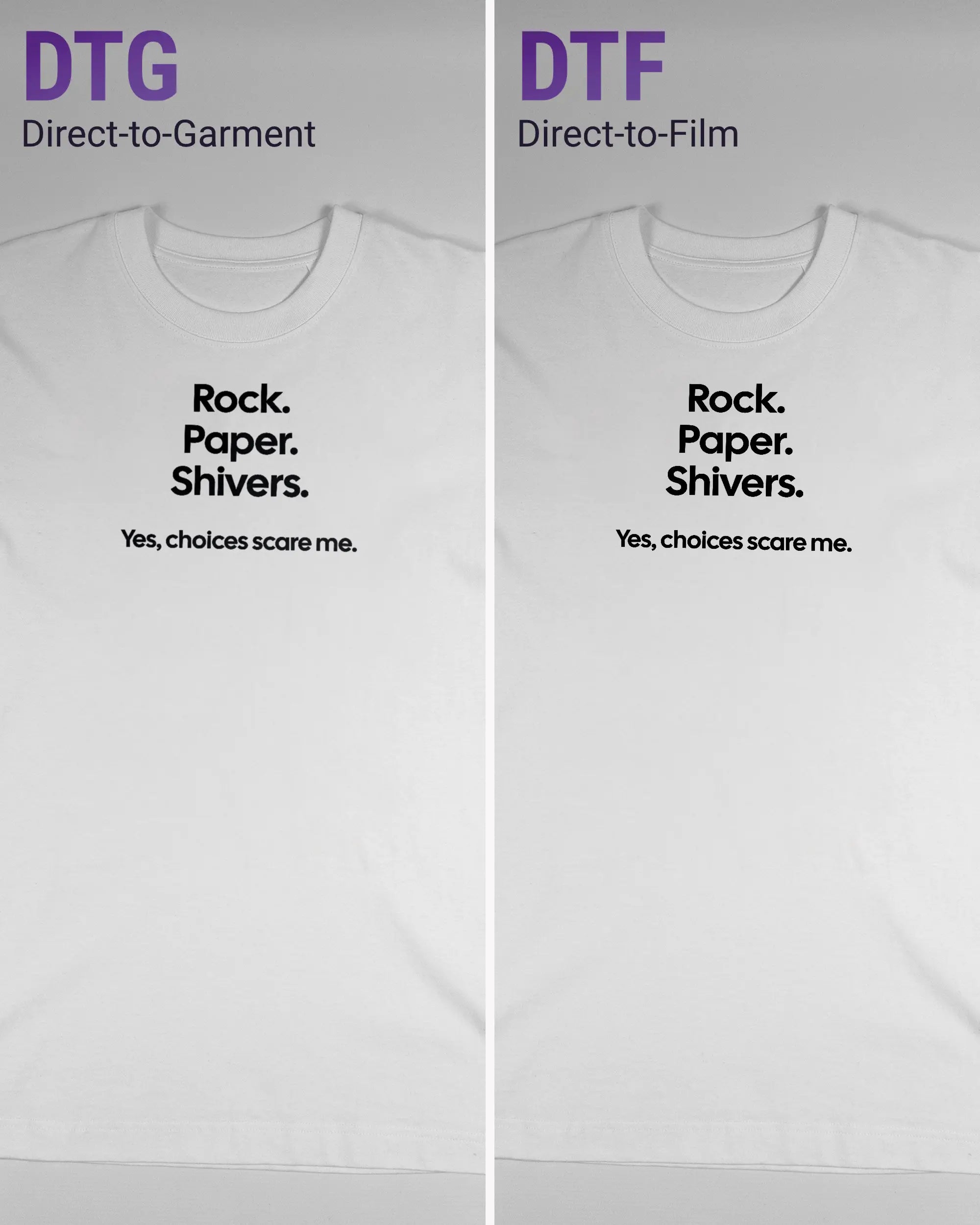 Vergleich der Vorderseiten des Organic Unisex T-Shirt Heavy Oversized von Maondo mit dem Design Rock Paper Shivers in der Farbe White und in der Größe S links mit dem Direct-to-Garment und rechts mit dem Direct-to-Film Verfahren