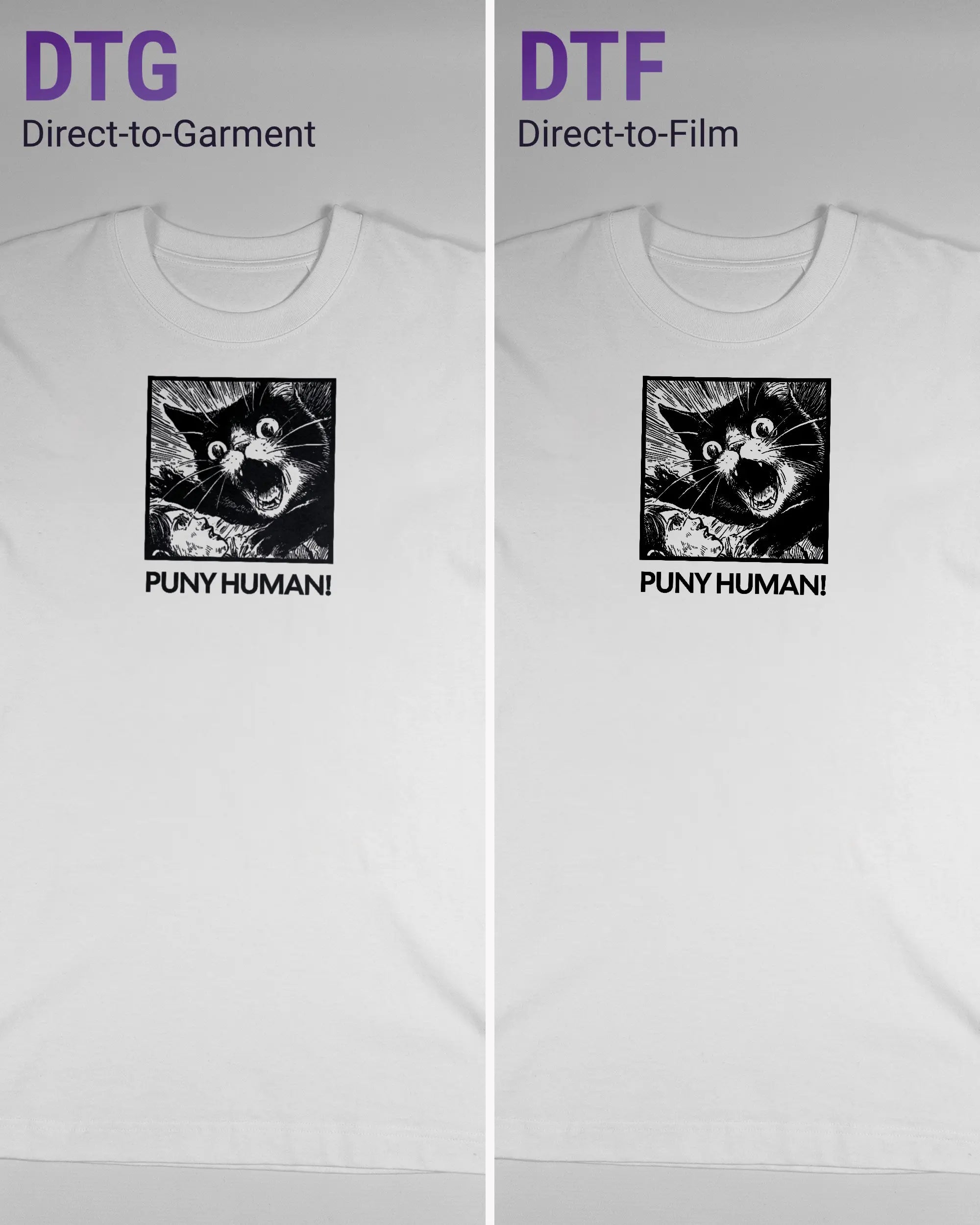 Vergleich der Vorderseiten des Organic Unisex T-Shirt Heavy Oversized von Maondo mit dem Design Puny Human in der Farbe White und in der Größe S links mit dem Direct-to-Garment und rechts mit dem Direct-to-Film Verfahren