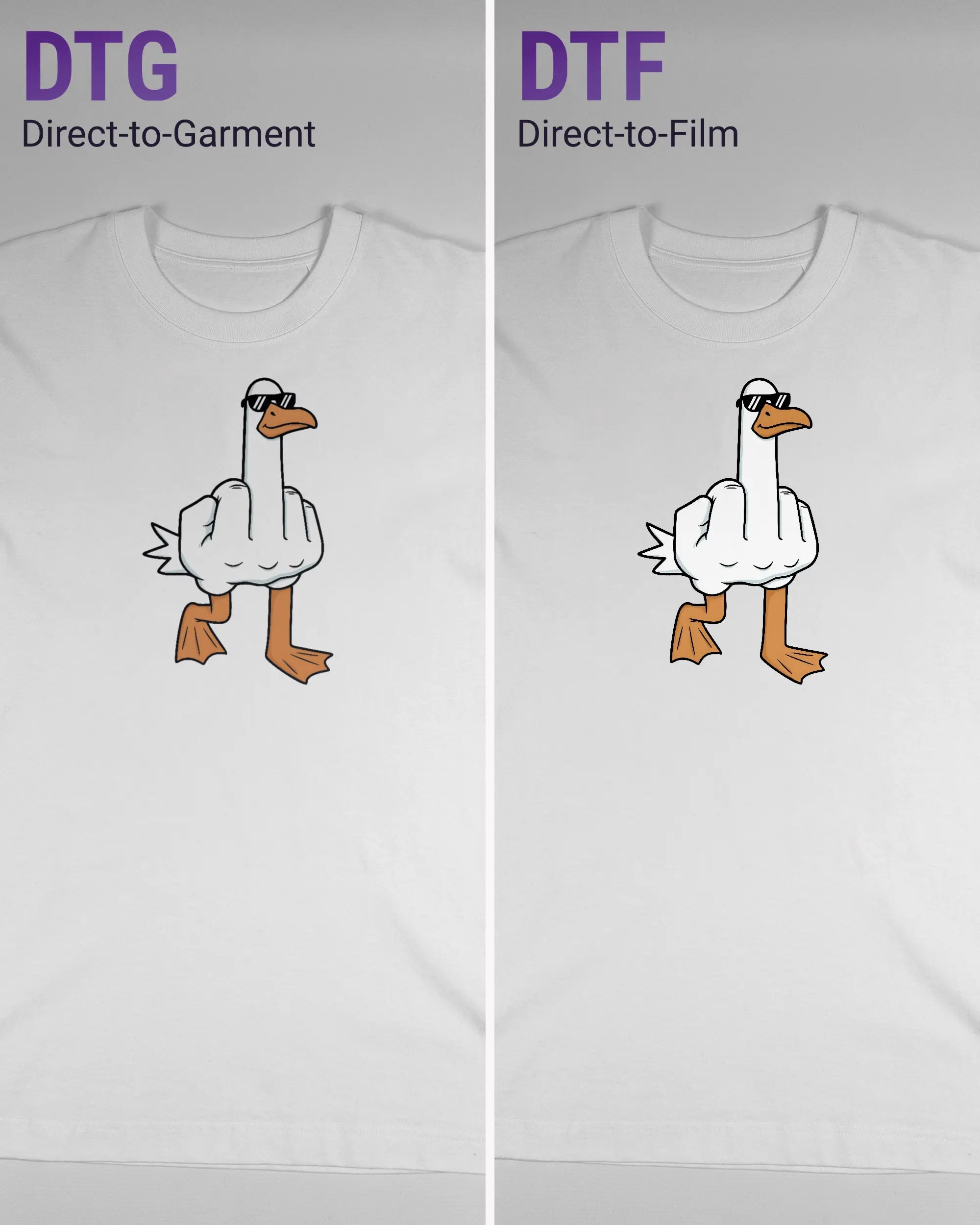 Vergleich der Vorderseiten des Organic Unisex T-Shirt Heavy Oversized von Maondo mit dem Design I give a duck in der Farbe White und in der Größe S links mit dem Direct-to-Garment und rechts mit dem Direct-to-Film Verfahren