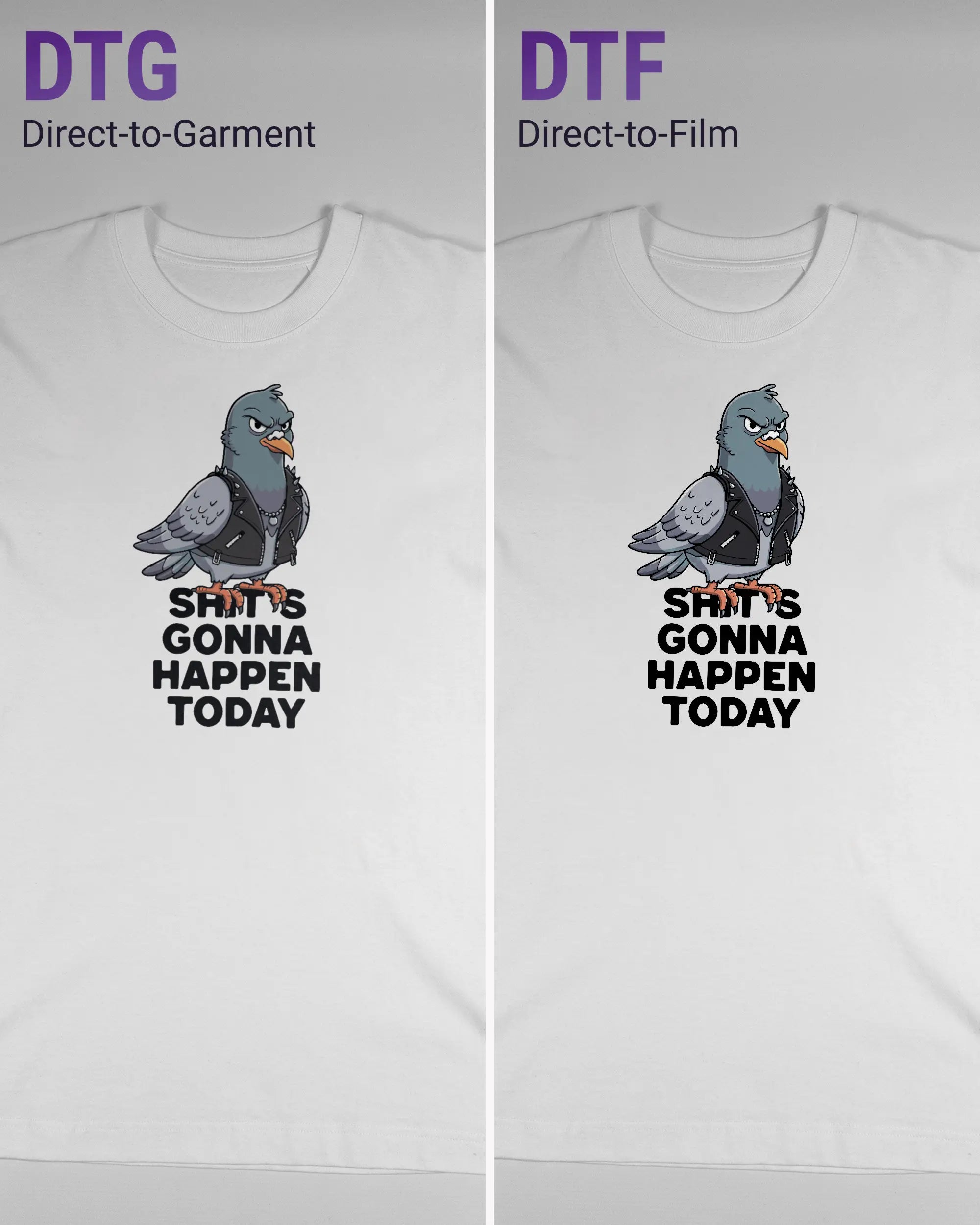 Vergleich der Vorderseiten des Organic Unisex T-Shirt Heavy Oversized von Maondo mit dem Design Pigeon Pun in der Farbe White und in der Größe S links mit dem Direct-to-Garment und rechts mit dem Direct-to-Film Verfahren