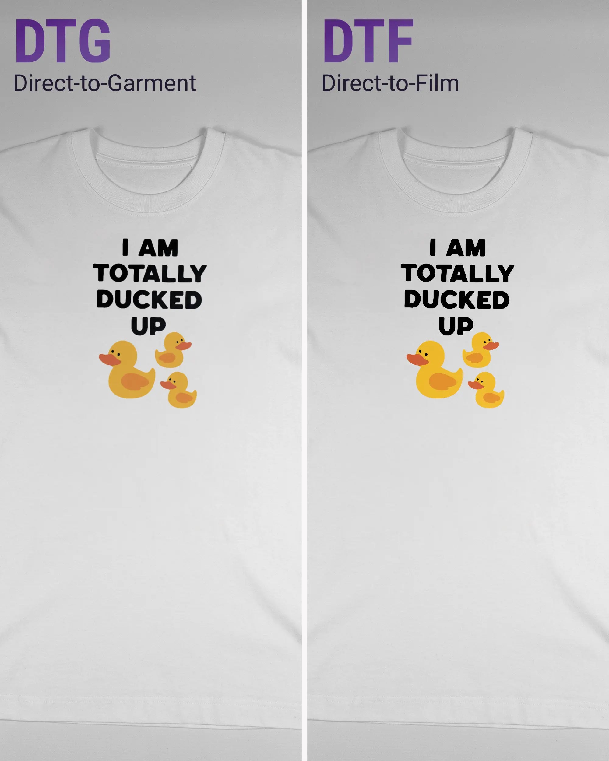 Vergleich der Vorderseiten des Organic Unisex T-Shirt Heavy Oversized von Maondo mit dem Design Ducked Up in der Farbe White und in der Größe S links mit dem Direct-to-Garment und rechts mit dem Direct-to-Film Verfahren