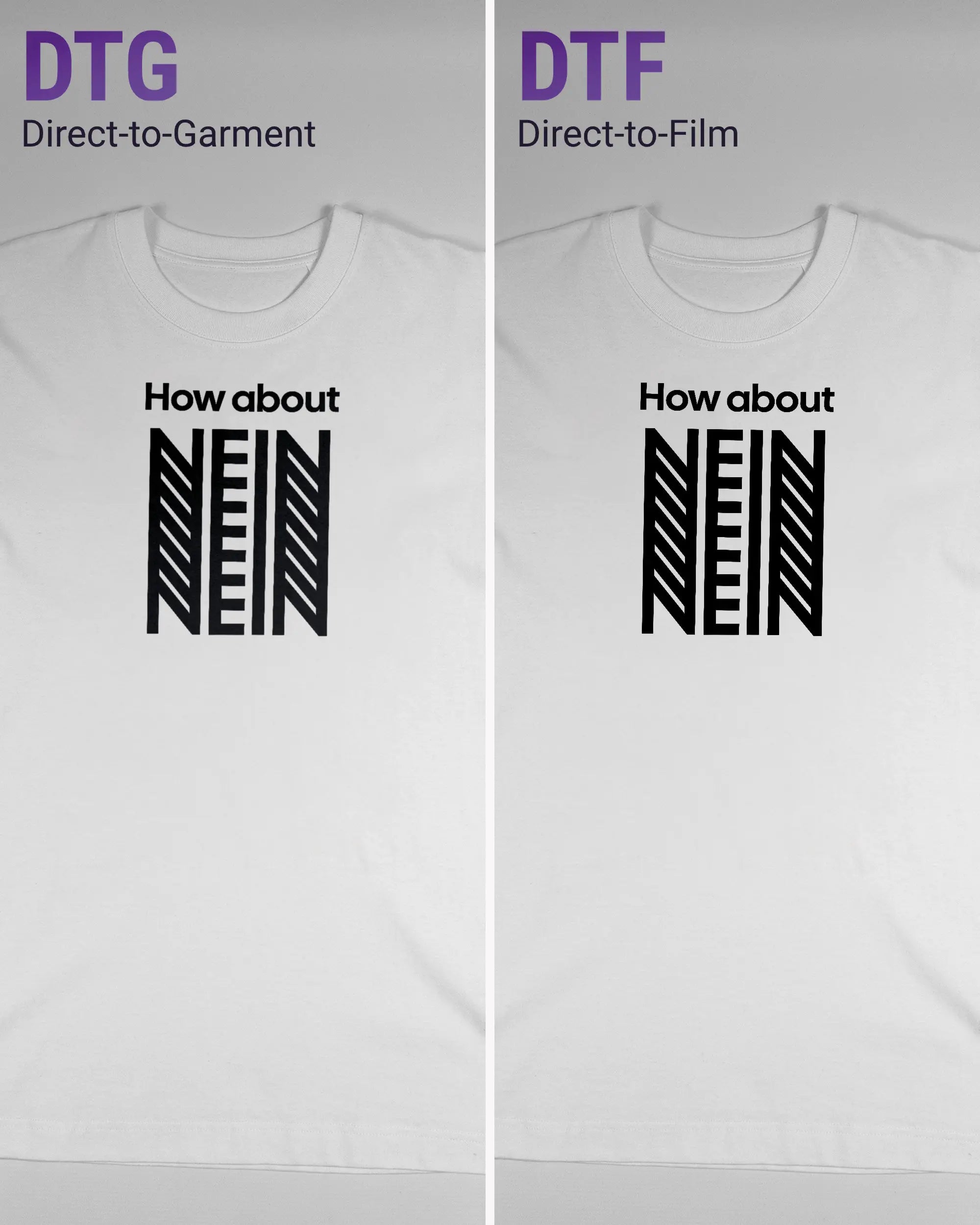 Vergleich der Vorderseiten des Organic Unisex T-Shirt Heavy Oversized von Maondo mit dem Design How about nein in der Farbe White und in der Größe S links mit dem Direct-to-Garment und rechts mit dem Direct-to-Film Verfahren