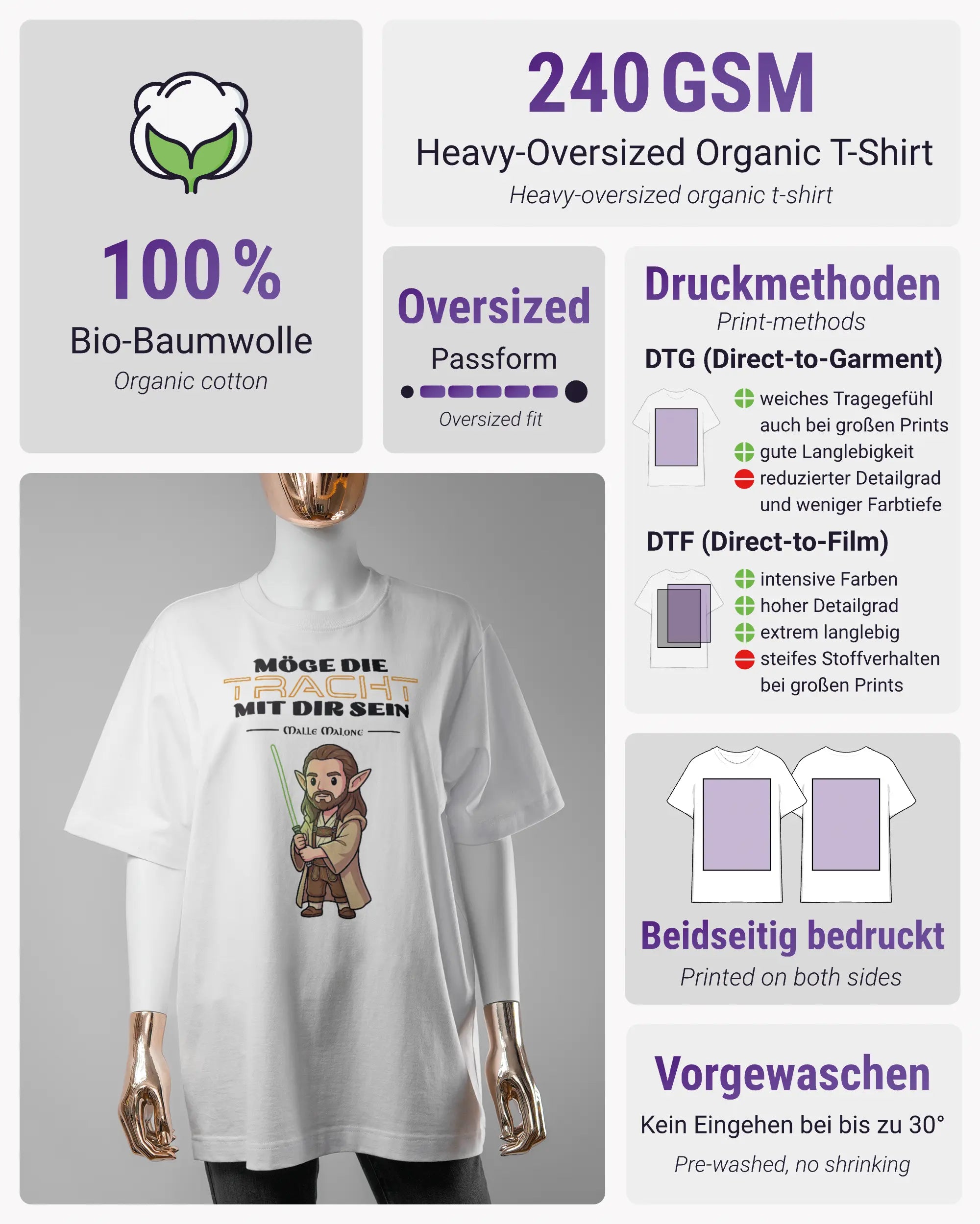 Produktinformationsblatt des Organic Unisex T-Shirt Heavy Oversized von Maondo mit dem Design Tracht mit dir vorne in der Farbe White und in der Größe S