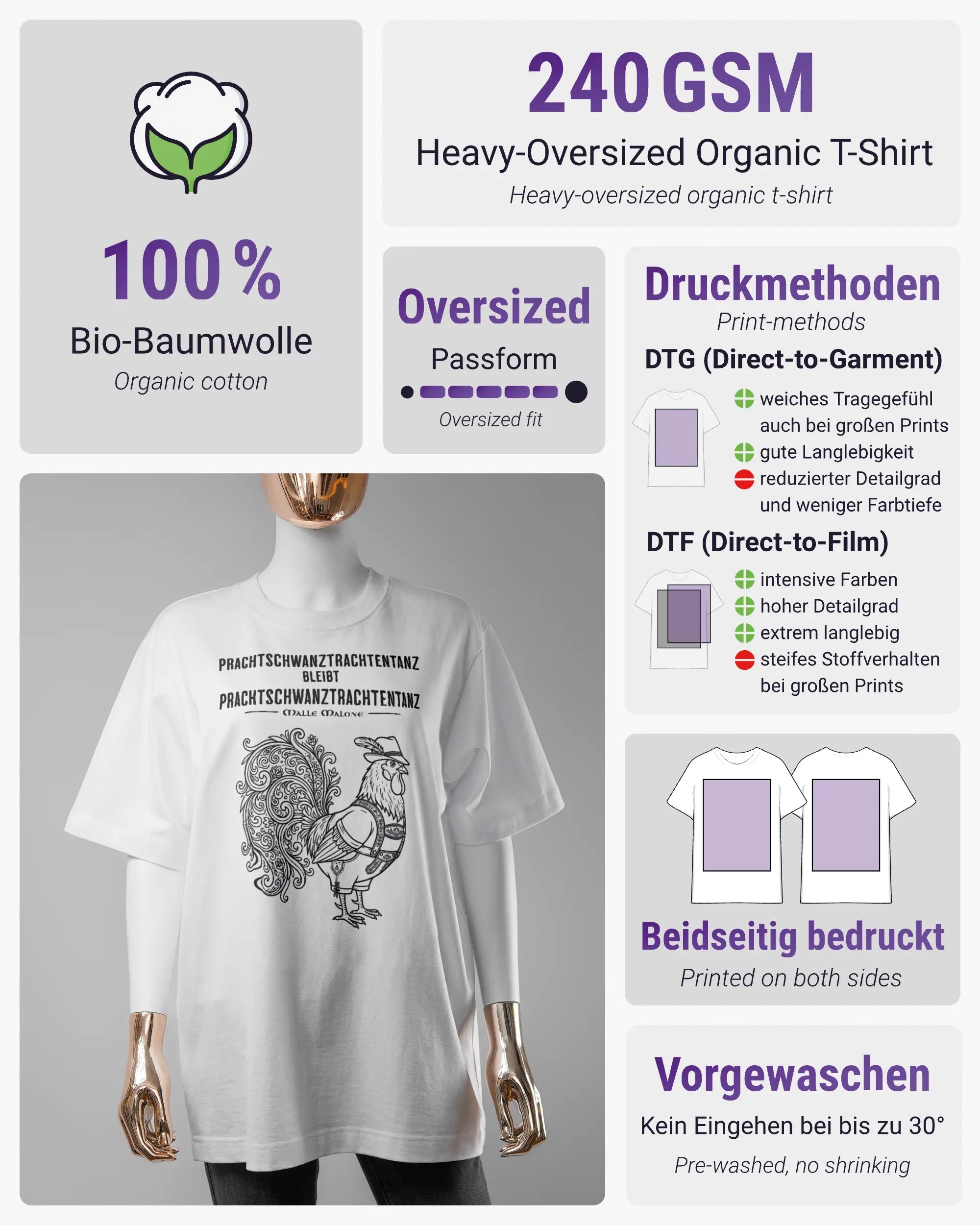 Produktinformationsblatt des Organic Unisex T-Shirt Heavy Oversized von Maondo mit dem Design Trachtentanz vorne in der Farbe White und in der Größe S