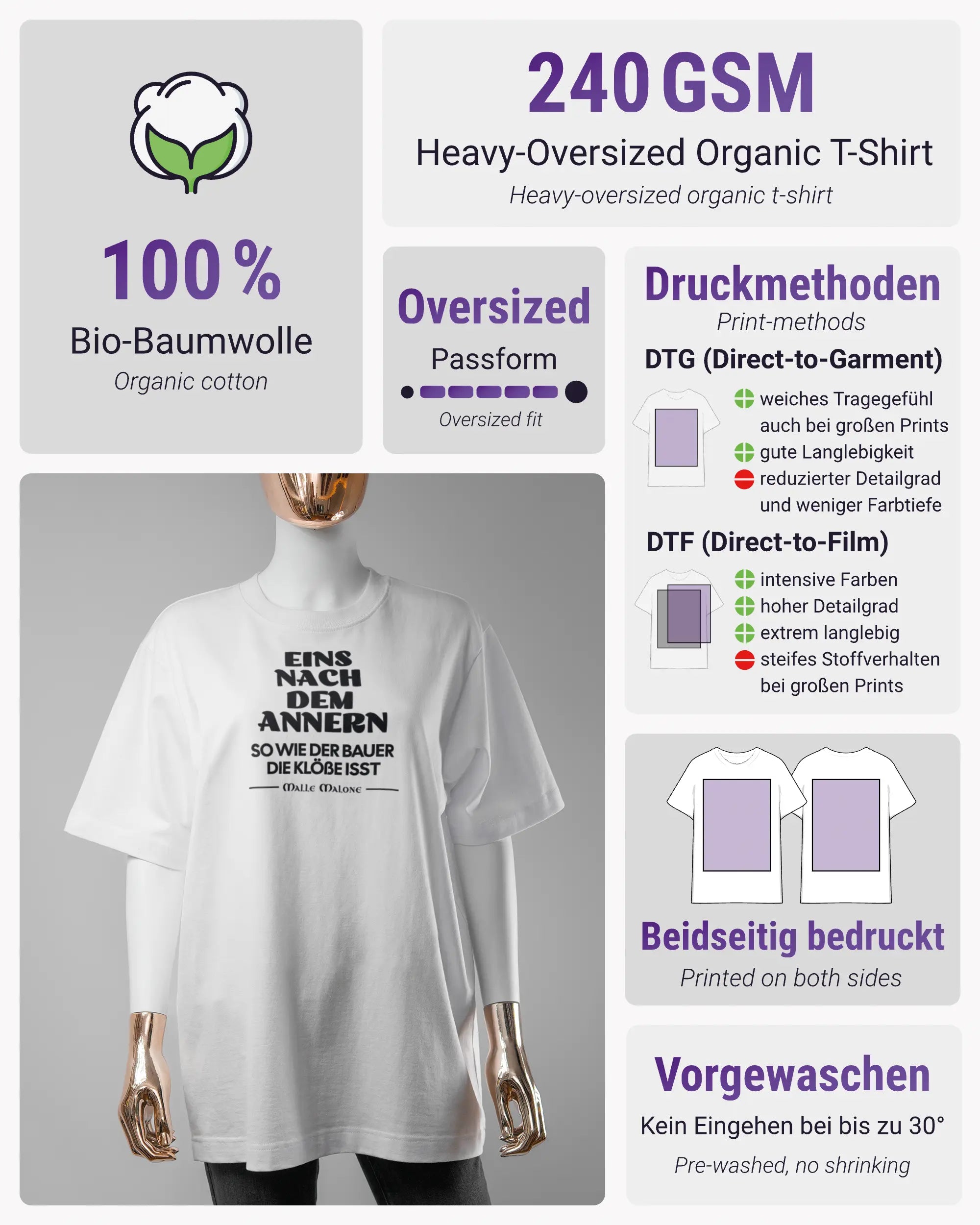 Produktinformationsblatt des Organic Unisex T-Shirt Heavy Oversized von Maondo mit dem Design Eins nach dem Annern vorne in der Farbe White und in der Größe S