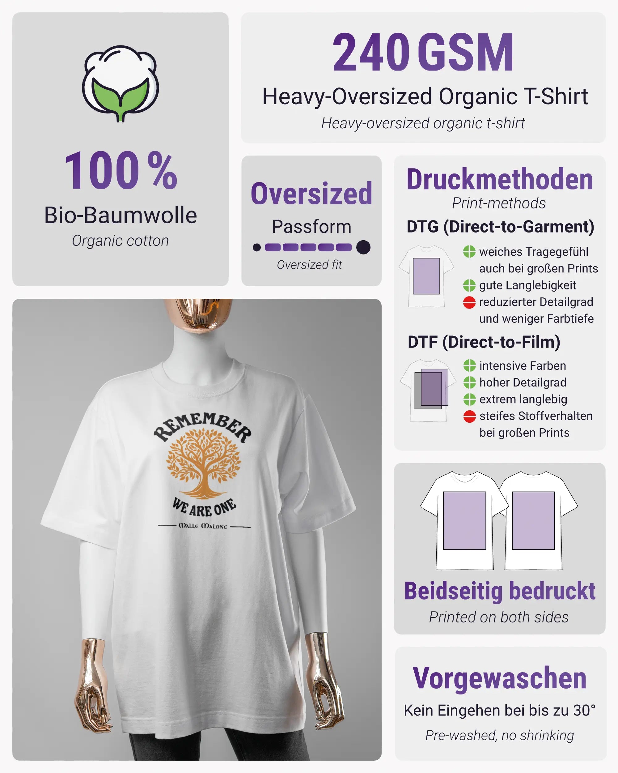 Produktinformationsblatt des Organic Unisex T-Shirt Heavy Oversized von Maondo mit dem Design We are one vorne in der Farbe White und in der Größe S