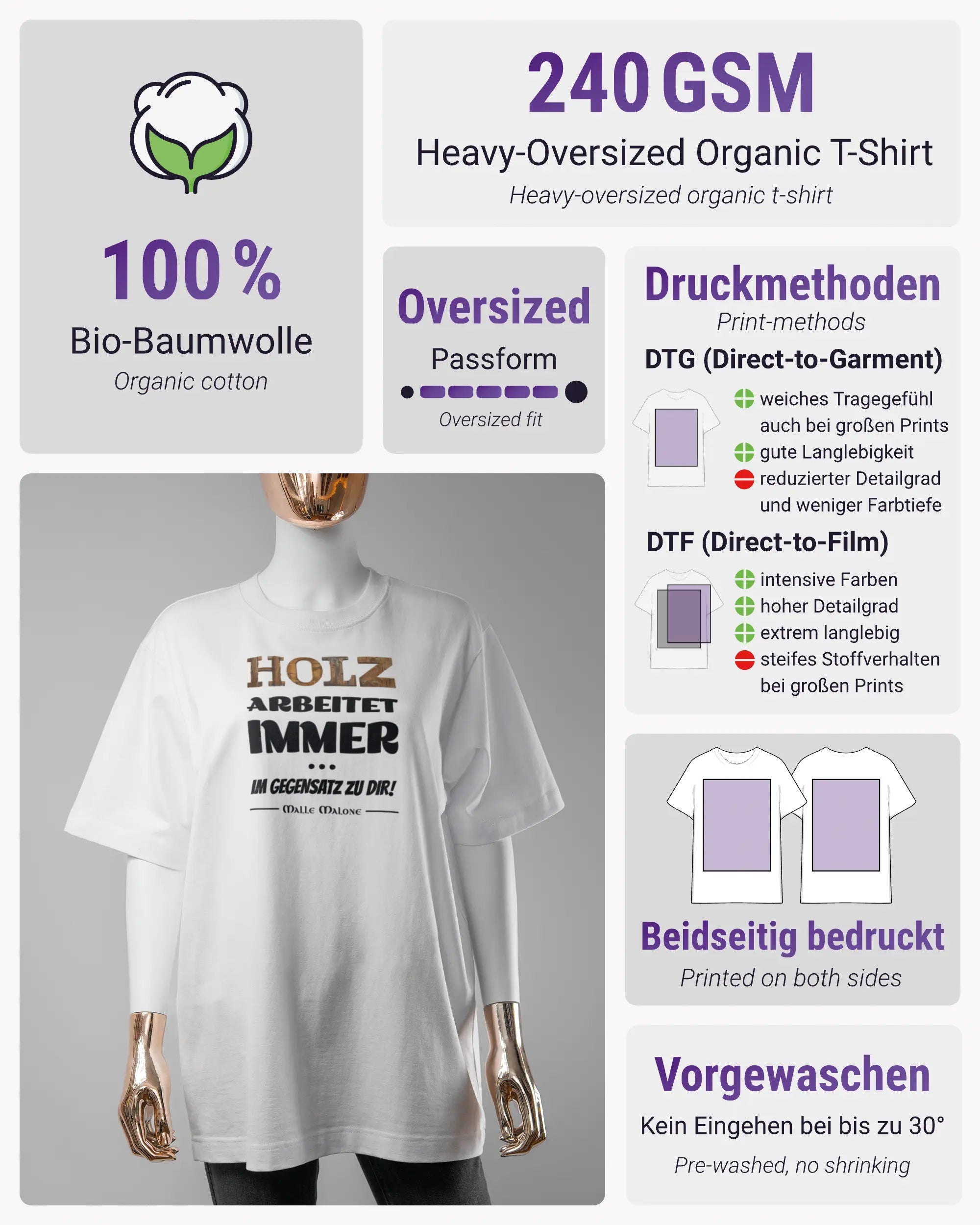 Produktinformationsblatt des Organic Unisex T-Shirt Heavy Oversized von Maondo mit dem Design Holzarbeit vorne in der Farbe White und in der Größe S