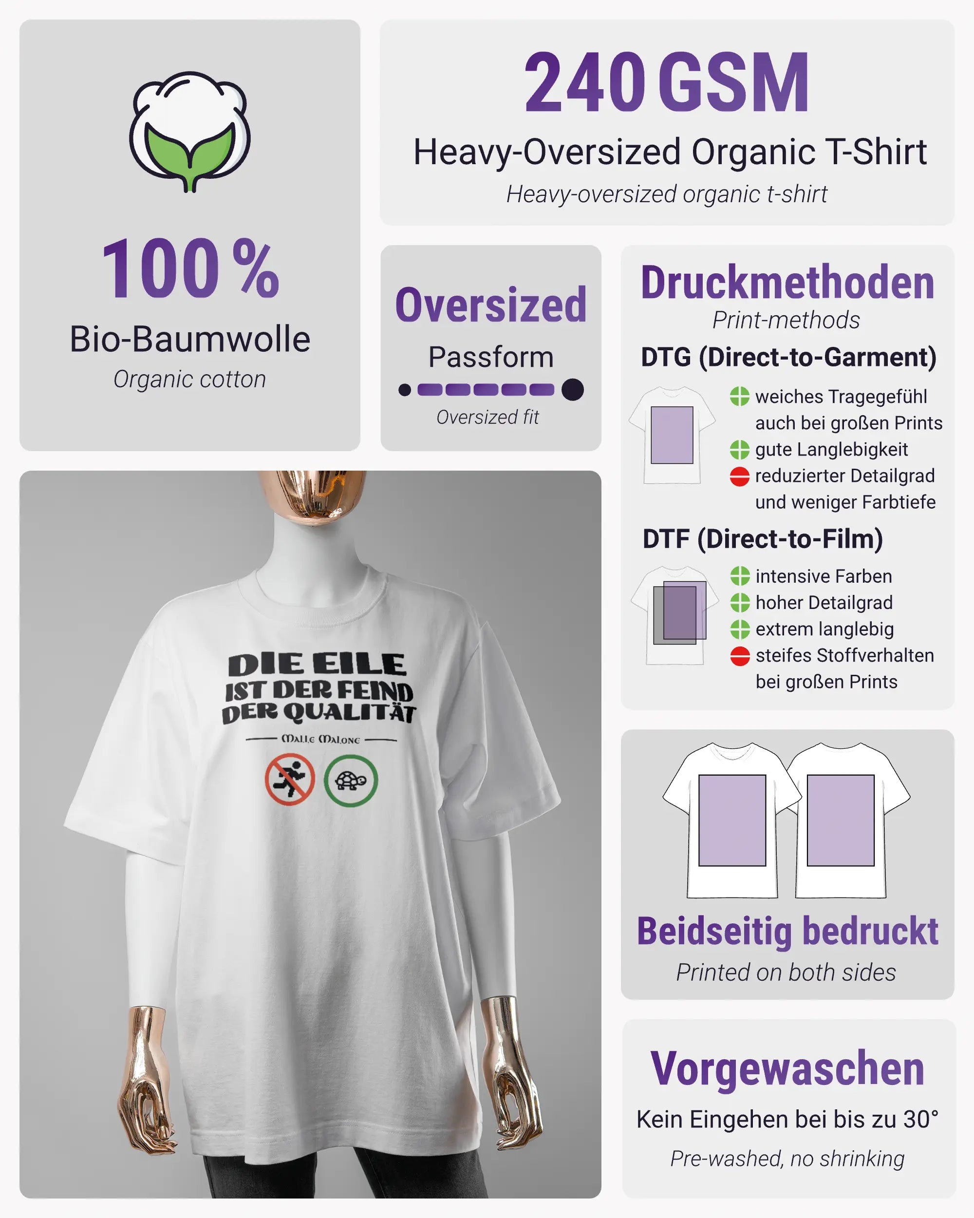 Produktinformationsblatt des Organic Unisex T-Shirt Heavy Oversized von Maondo mit dem Design Keine Eile vorne in der Farbe White und in der Größe S