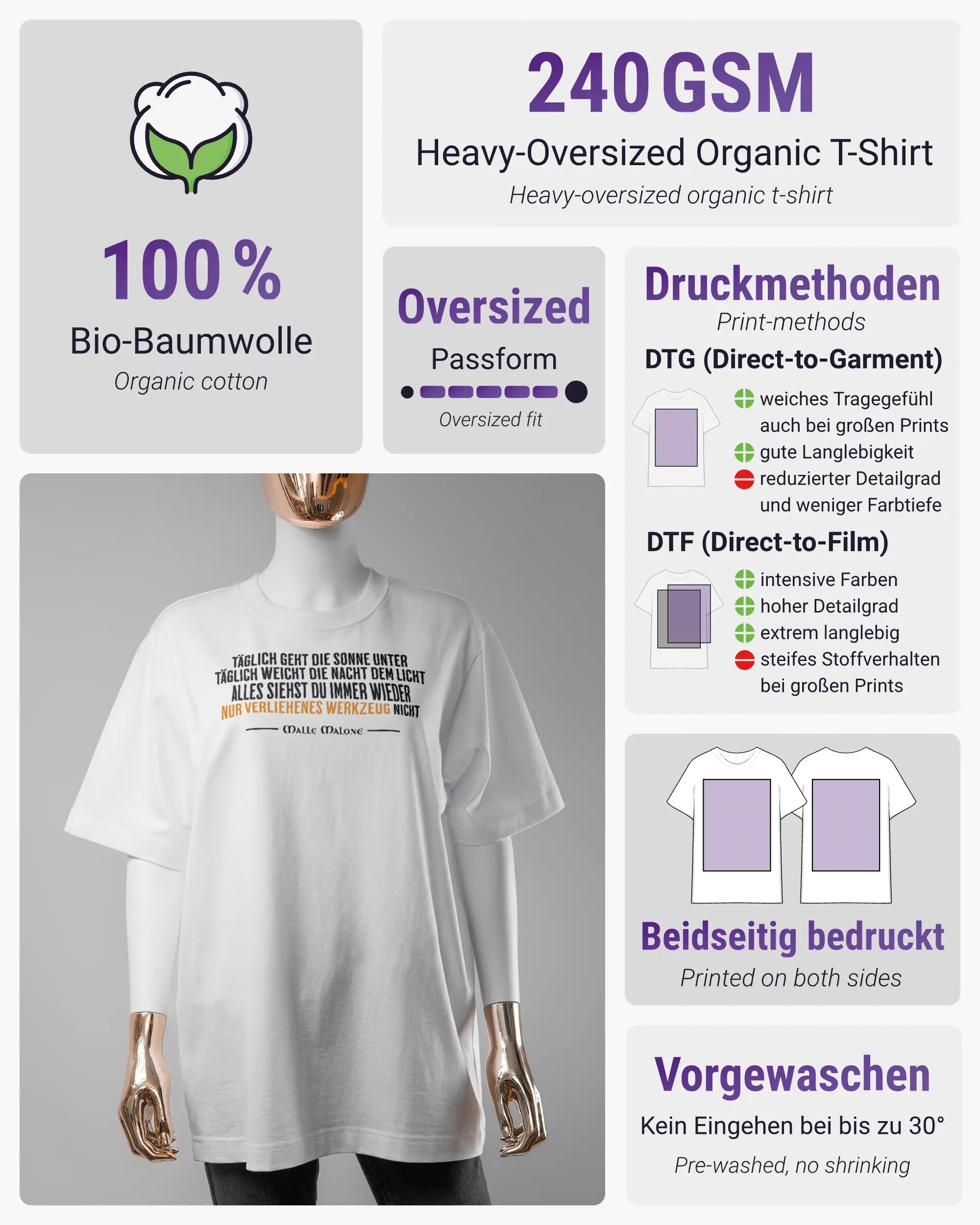 Produktinformationsblatt des Organic Unisex T-Shirt Heavy Oversized von Maondo mit dem Design Wegzeug vorne in der Farbe White und in der Größe S