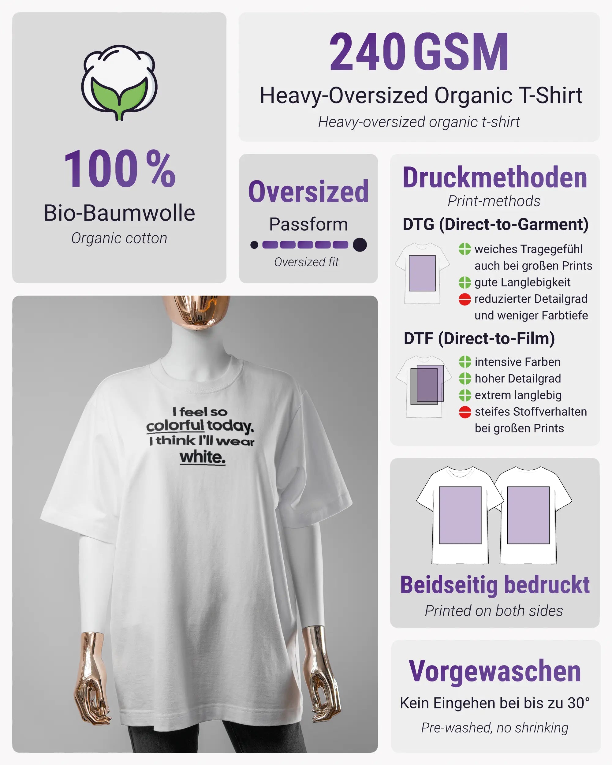 Produktinformationsblatt des Organic Unisex T-Shirt Heavy Oversized von Maondo mit dem Design Colorful Day vorne in der Farbe White und in der Größe S