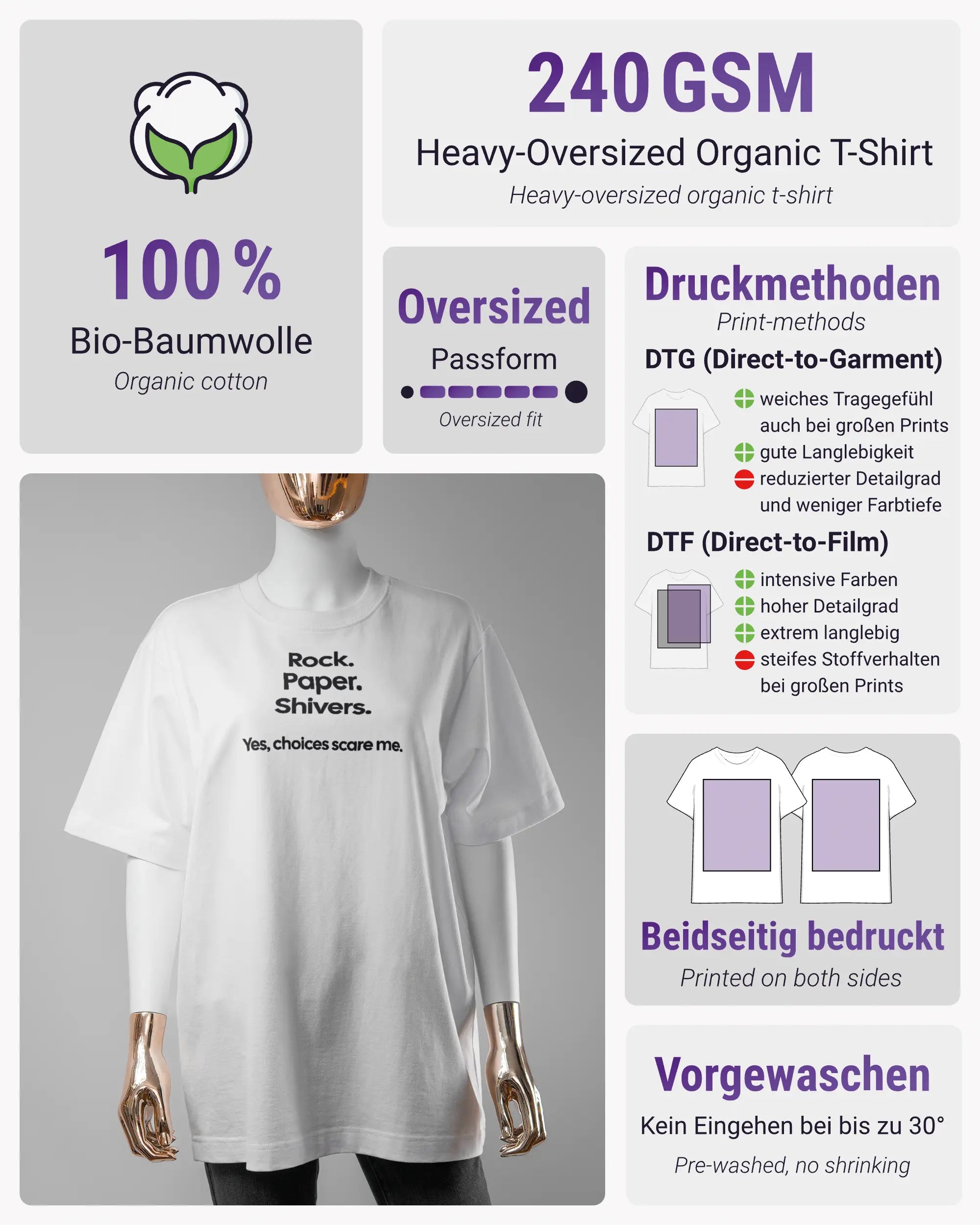 Produktinformationsblatt des Organic Unisex T-Shirt Heavy Oversized von Maondo mit dem Design Rock Paper Shivers vorne in der Farbe White und in der Größe S