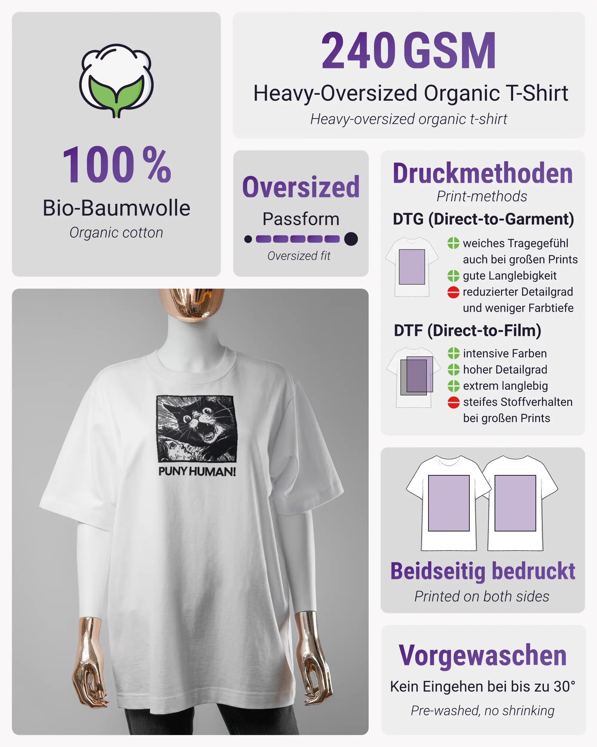Produktinformationsblatt des Organic Unisex T-Shirt Heavy Oversized von Maondo mit dem Design Puny Human vorne in der Farbe White und in der Größe S
