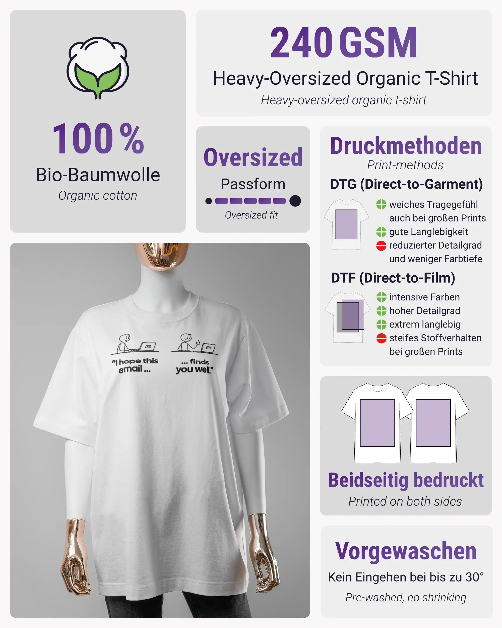 Produktinformationsblatt des Organic Unisex T-Shirt Heavy Oversized von Maondo mit dem Design Found me not well vorne in der Farbe White und in der Größe S