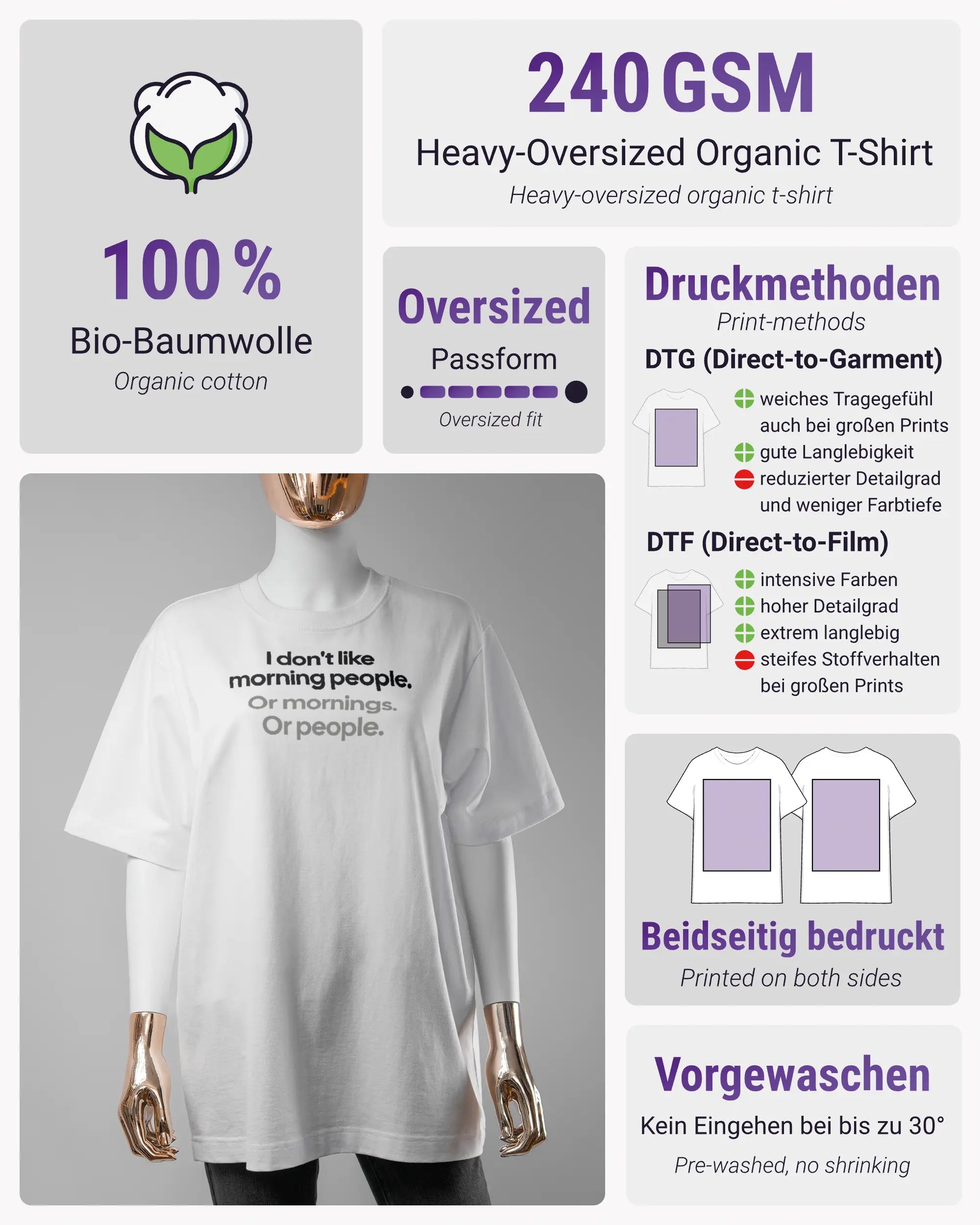 Produktinformationsblatt des Organic Unisex T-Shirt Heavy Oversized von Maondo mit dem Design Morning Person vorne in der Farbe White und in der Größe S