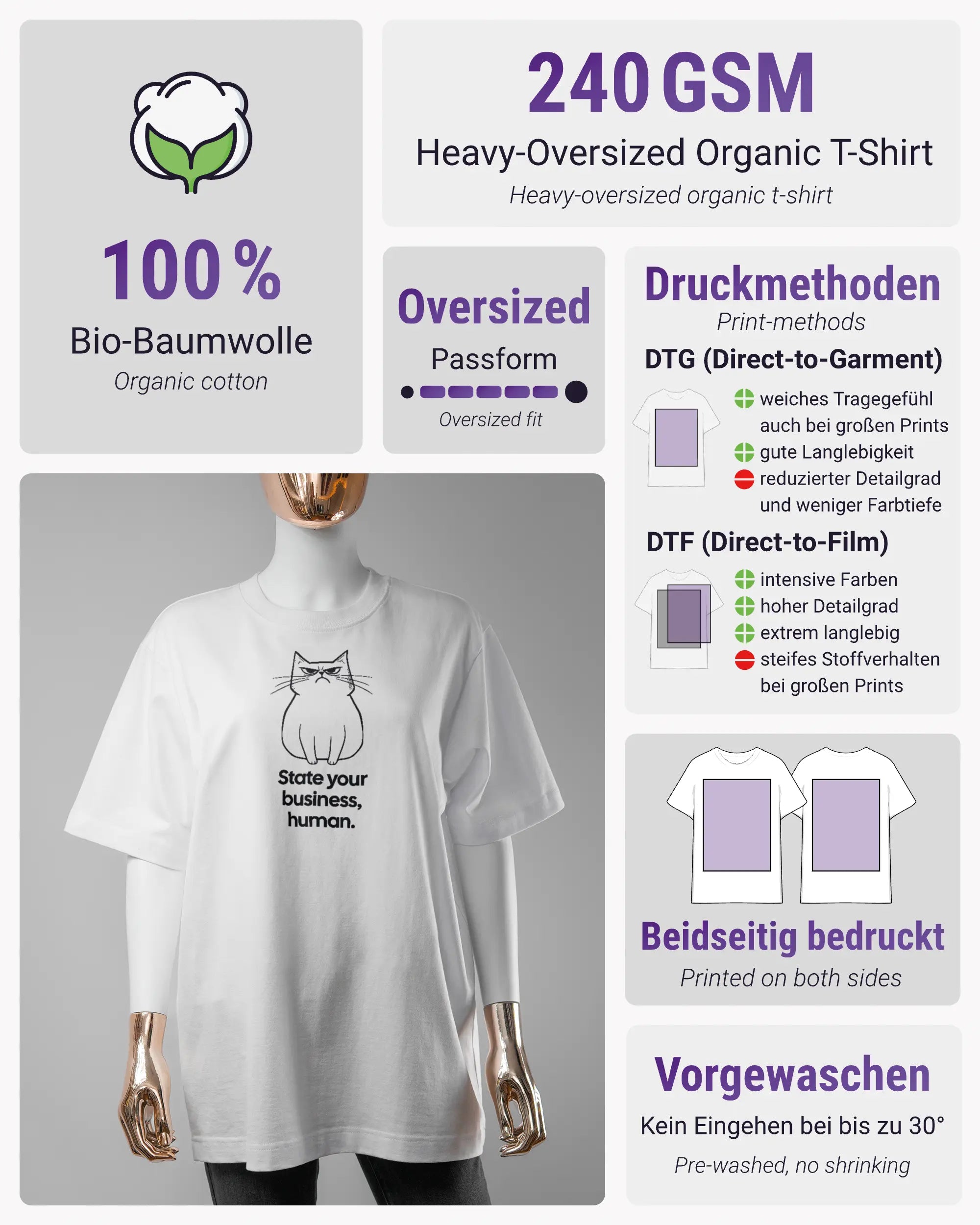 Produktinformationsblatt des Organic Unisex T-Shirt Heavy Oversized von Maondo mit dem Design Grumpy Purr vorne in der Farbe White und in der Größe S