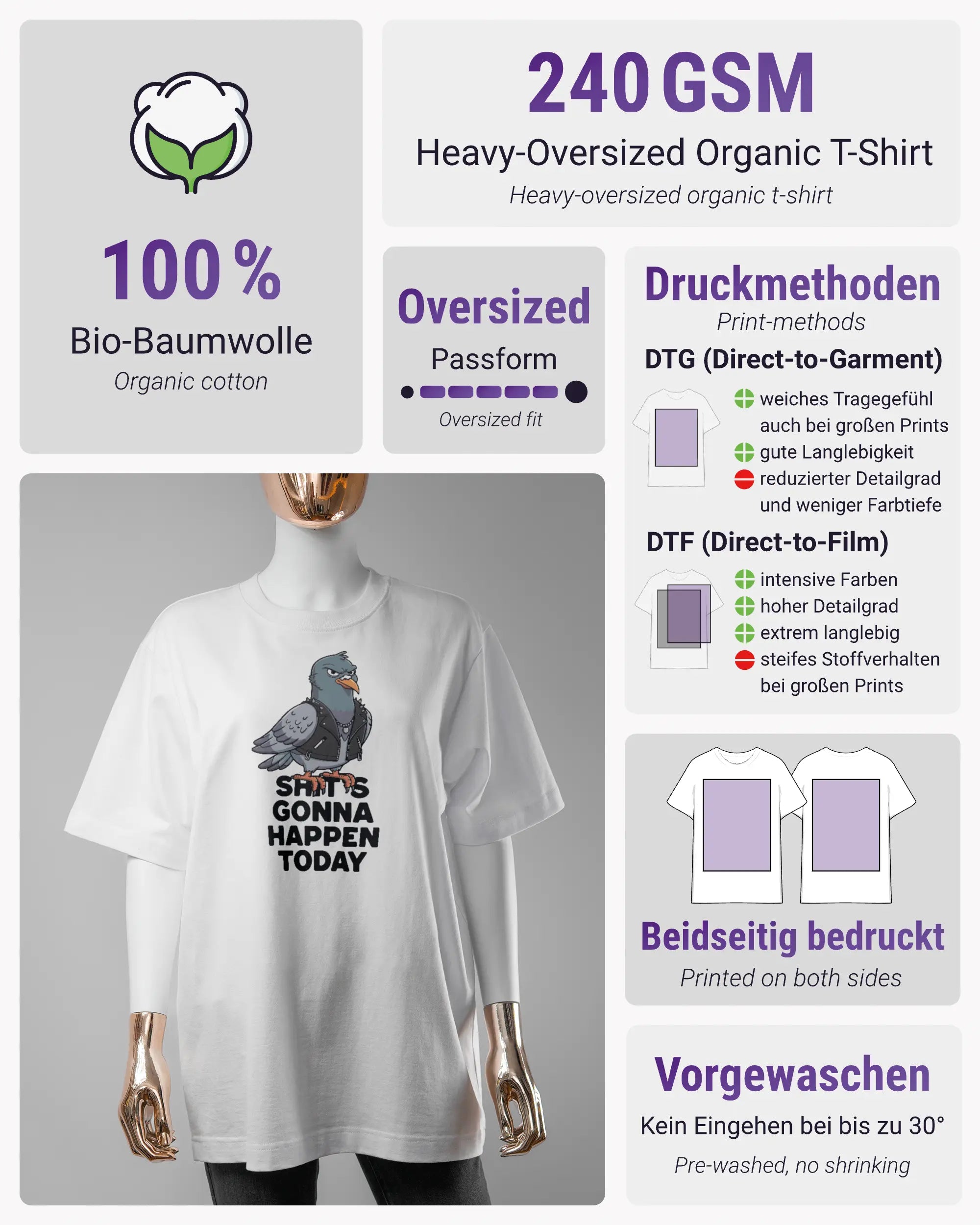 Produktinformationsblatt des Organic Unisex T-Shirt Heavy Oversized von Maondo mit dem Design Pigeon Pun vorne in der Farbe White und in der Größe S