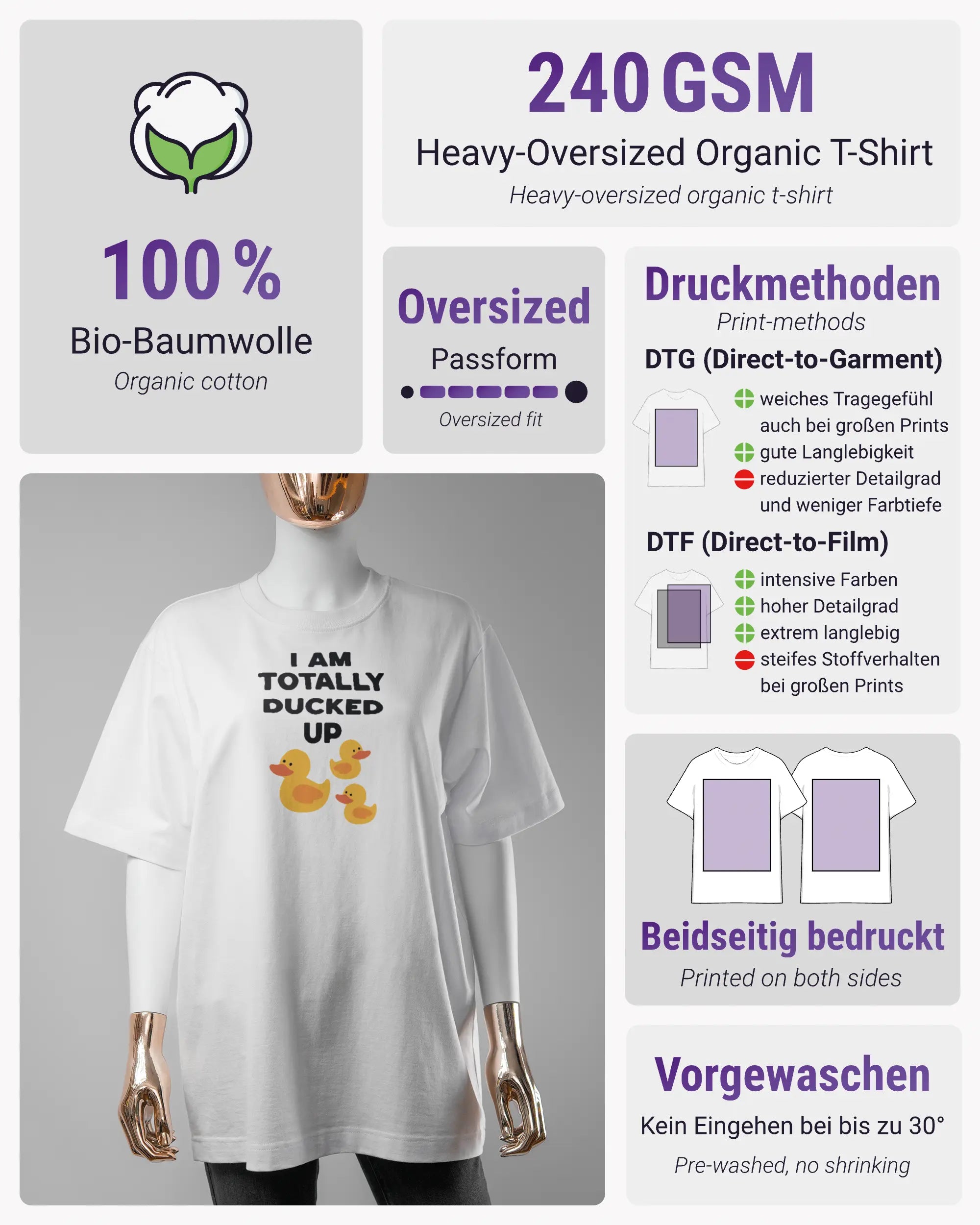 Produktinformationsblatt des Organic Unisex T-Shirt Heavy Oversized von Maondo mit dem Design Ducked Up vorne in der Farbe White und in der Größe S