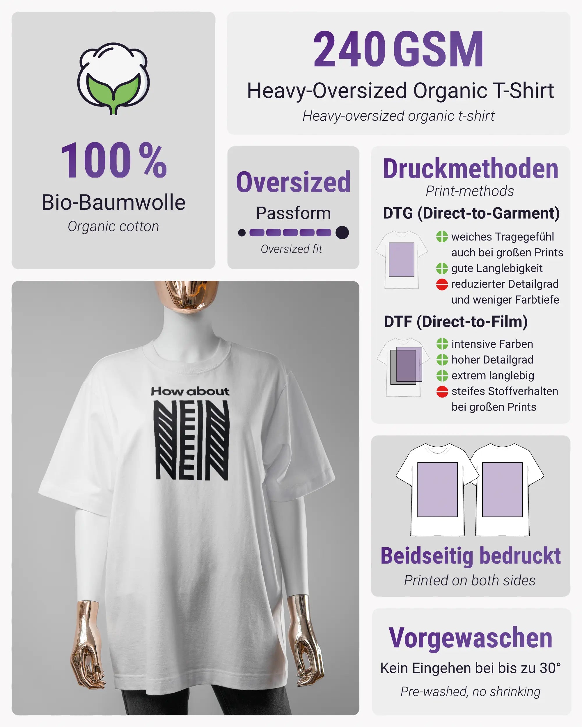Produktinformationsblatt des Organic Unisex T-Shirt Heavy Oversized von Maondo mit dem Design How about nein vorne in der Farbe White und in der Größe S