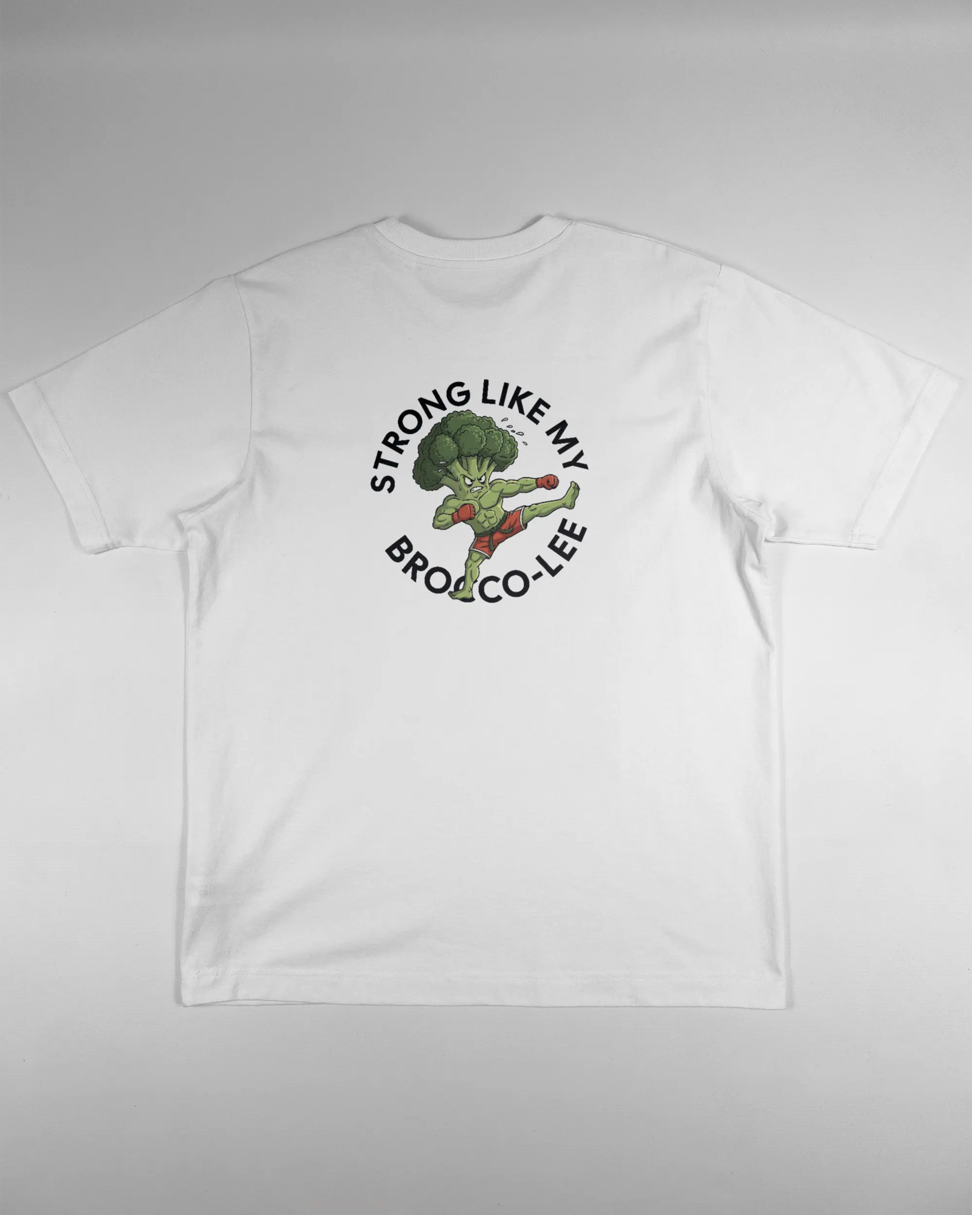 Rückseite des Organic Unisex T-Shirt Heavy Oversized von Maondo mit dem Design Brocco-Lee in der Farbe White und in der Größe S flach auf den Boden gelegt