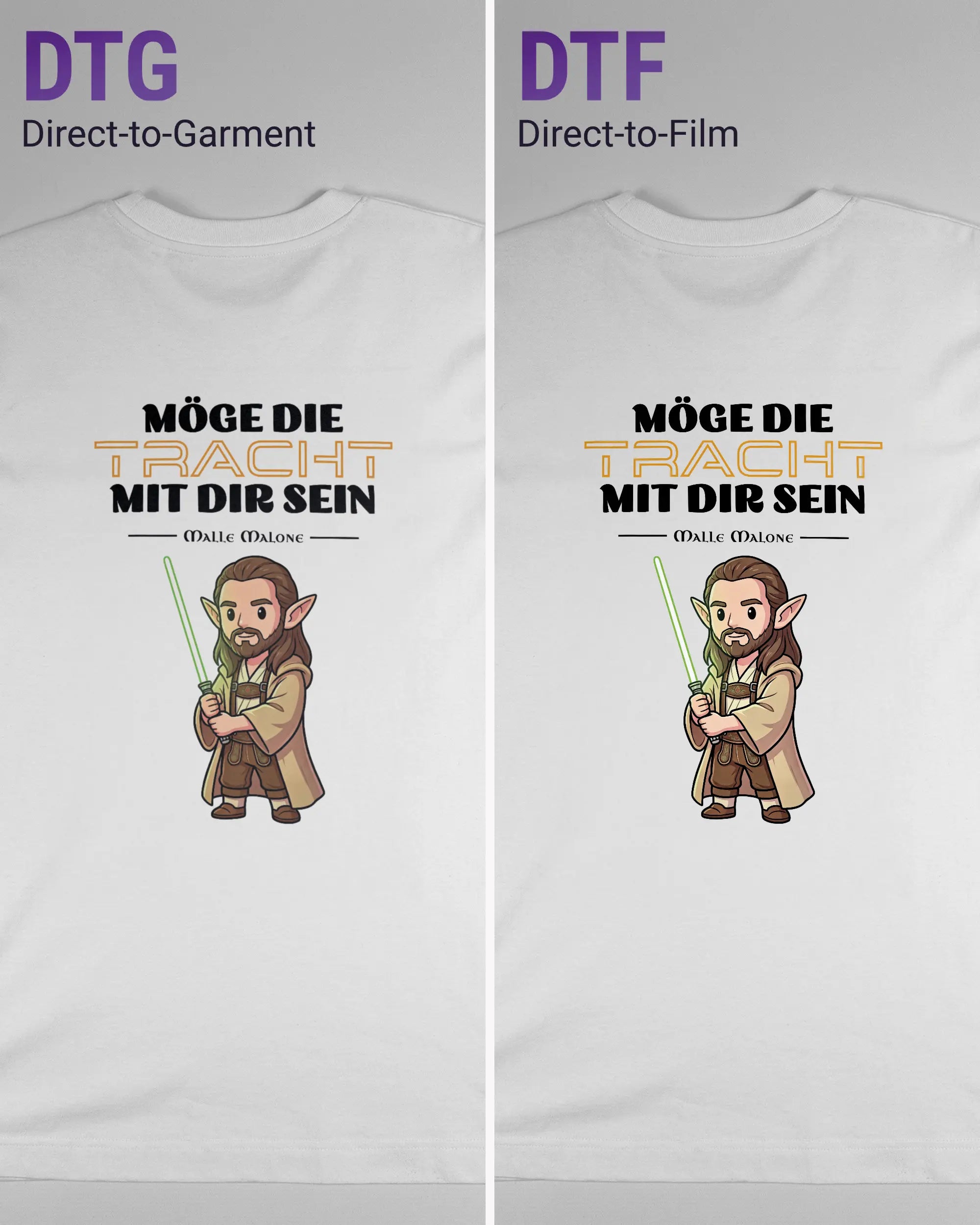 Vergleich der Rückseiten des Organic Unisex T-Shirt Heavy Oversized von Maondo mit dem Design Tracht mit dir in der Farbe White und in der Größe S links mit dem Direct-to-Garment und rechts mit dem Direct-to-Film Verfahren