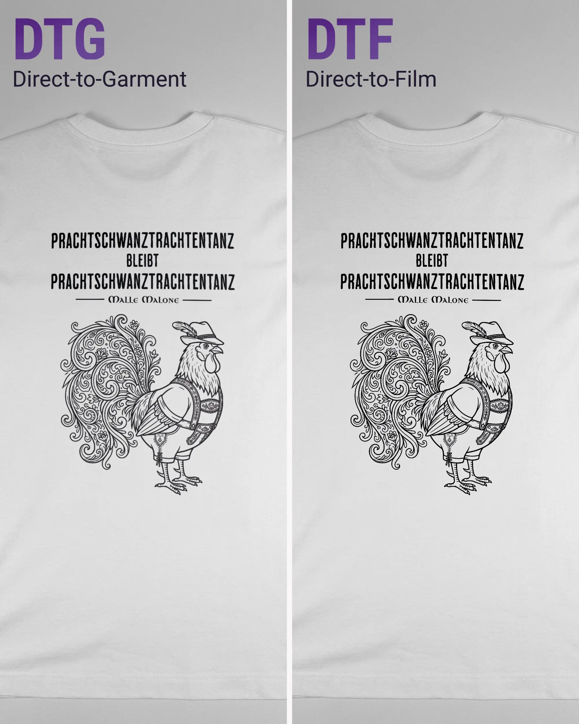 Vergleich der Rückseiten des Organic Unisex T-Shirt Heavy Oversized von Maondo mit dem Design Trachtentanz in der Farbe White und in der Größe S links mit dem Direct-to-Garment und rechts mit dem Direct-to-Film Verfahren