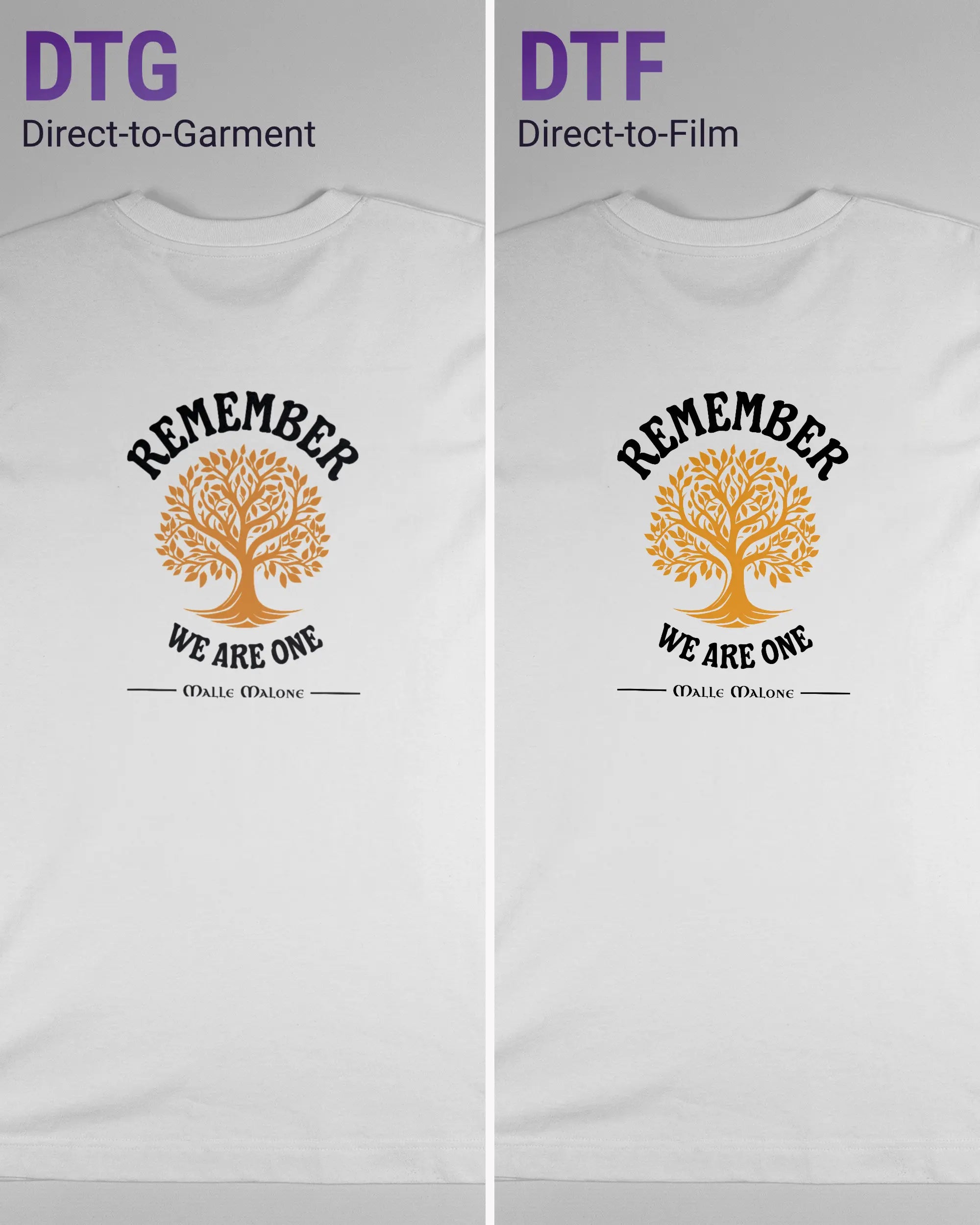 Vergleich der Rückseiten des Organic Unisex T-Shirt Heavy Oversized von Maondo mit dem Design We are one in der Farbe White und in der Größe S links mit dem Direct-to-Garment und rechts mit dem Direct-to-Film Verfahren
