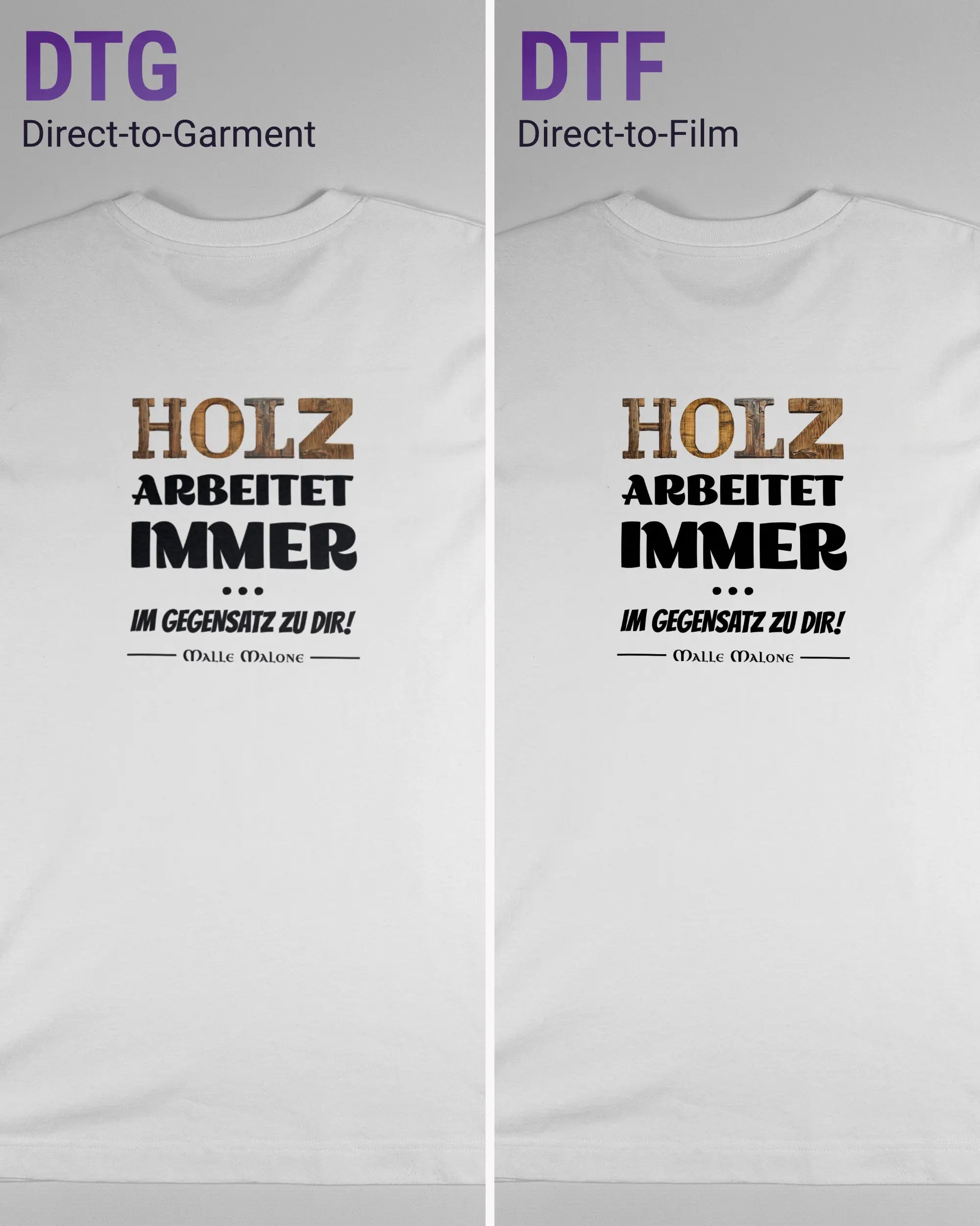 Vergleich der Rückseiten des Organic Unisex T-Shirt Heavy Oversized von Maondo mit dem Design Holzarbeit in der Farbe White und in der Größe S links mit dem Direct-to-Garment und rechts mit dem Direct-to-Film Verfahren