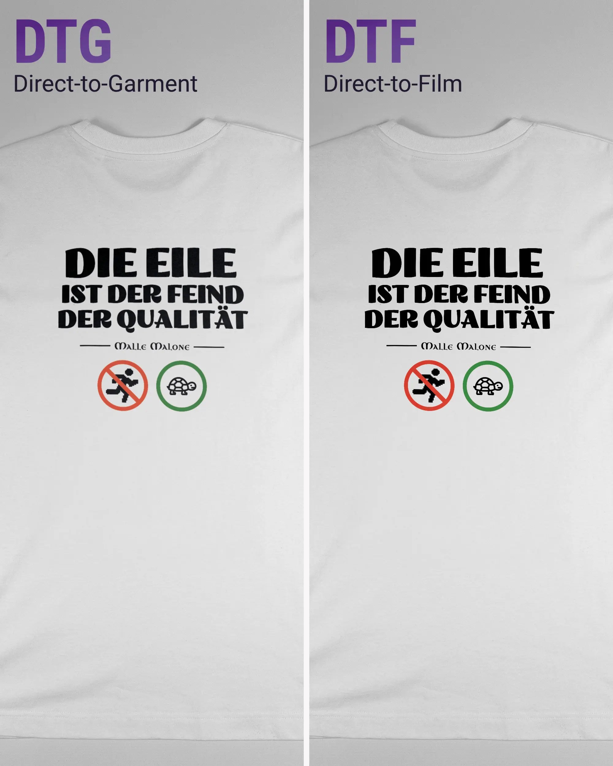 Vergleich der Rückseiten des Organic Unisex T-Shirt Heavy Oversized von Maondo mit dem Design Keine Eile in der Farbe White und in der Größe S links mit dem Direct-to-Garment und rechts mit dem Direct-to-Film Verfahren