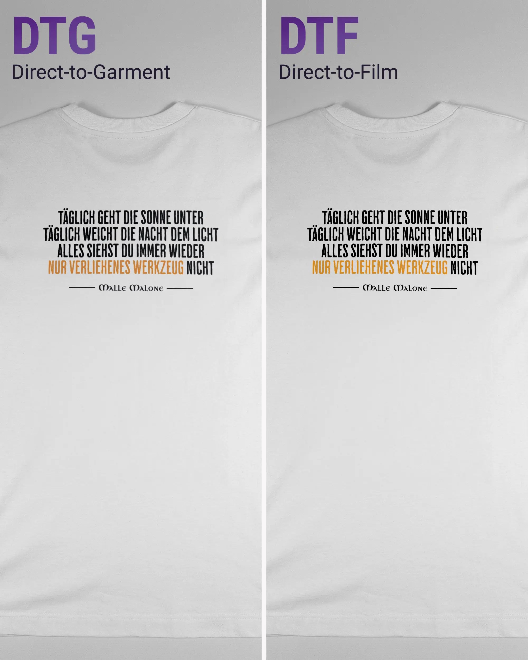 Vergleich der Rückseiten des Organic Unisex T-Shirt Heavy Oversized von Maondo mit dem Design Wegzeug in der Farbe White und in der Größe S links mit dem Direct-to-Garment und rechts mit dem Direct-to-Film Verfahren