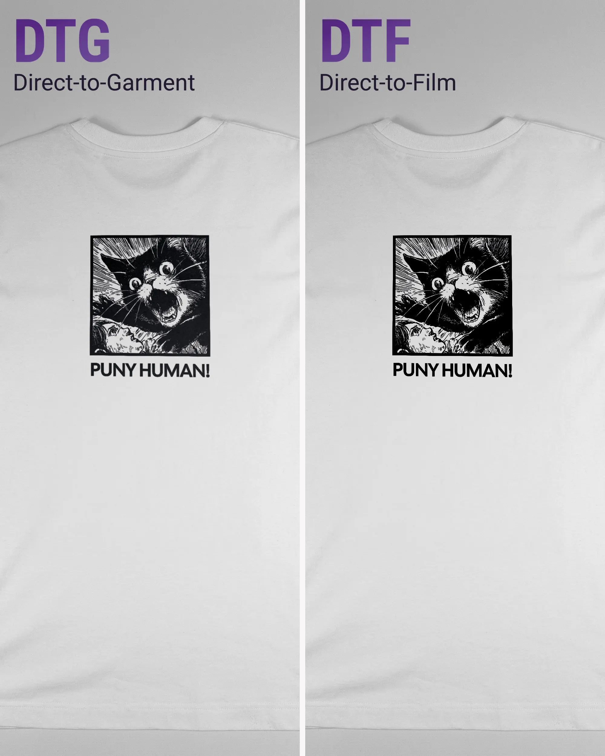 Vergleich der Rückseiten des Organic Unisex T-Shirt Heavy Oversized von Maondo mit dem Design Puny Human in der Farbe White und in der Größe S links mit dem Direct-to-Garment und rechts mit dem Direct-to-Film Verfahren