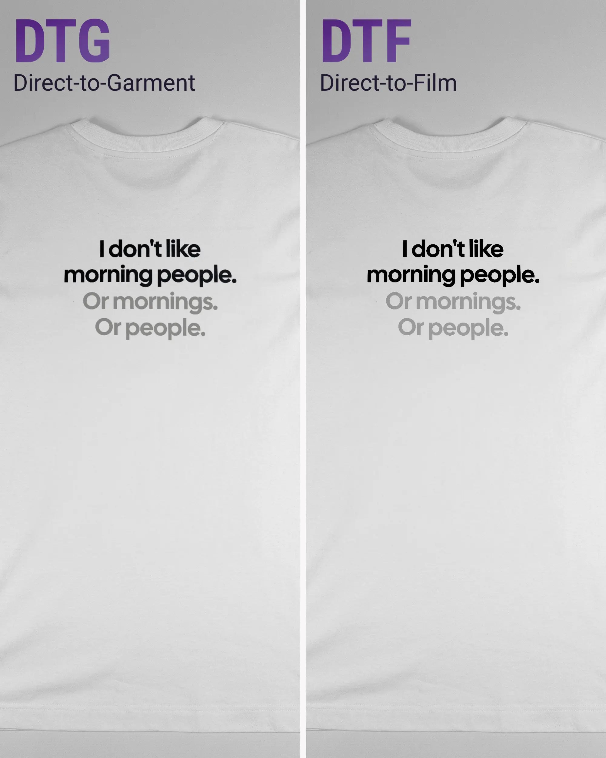 Vergleich der Rückseiten des Organic Unisex T-Shirt Heavy Oversized von Maondo mit dem Design Morning Person in der Farbe White und in der Größe S links mit dem Direct-to-Garment und rechts mit dem Direct-to-Film Verfahren