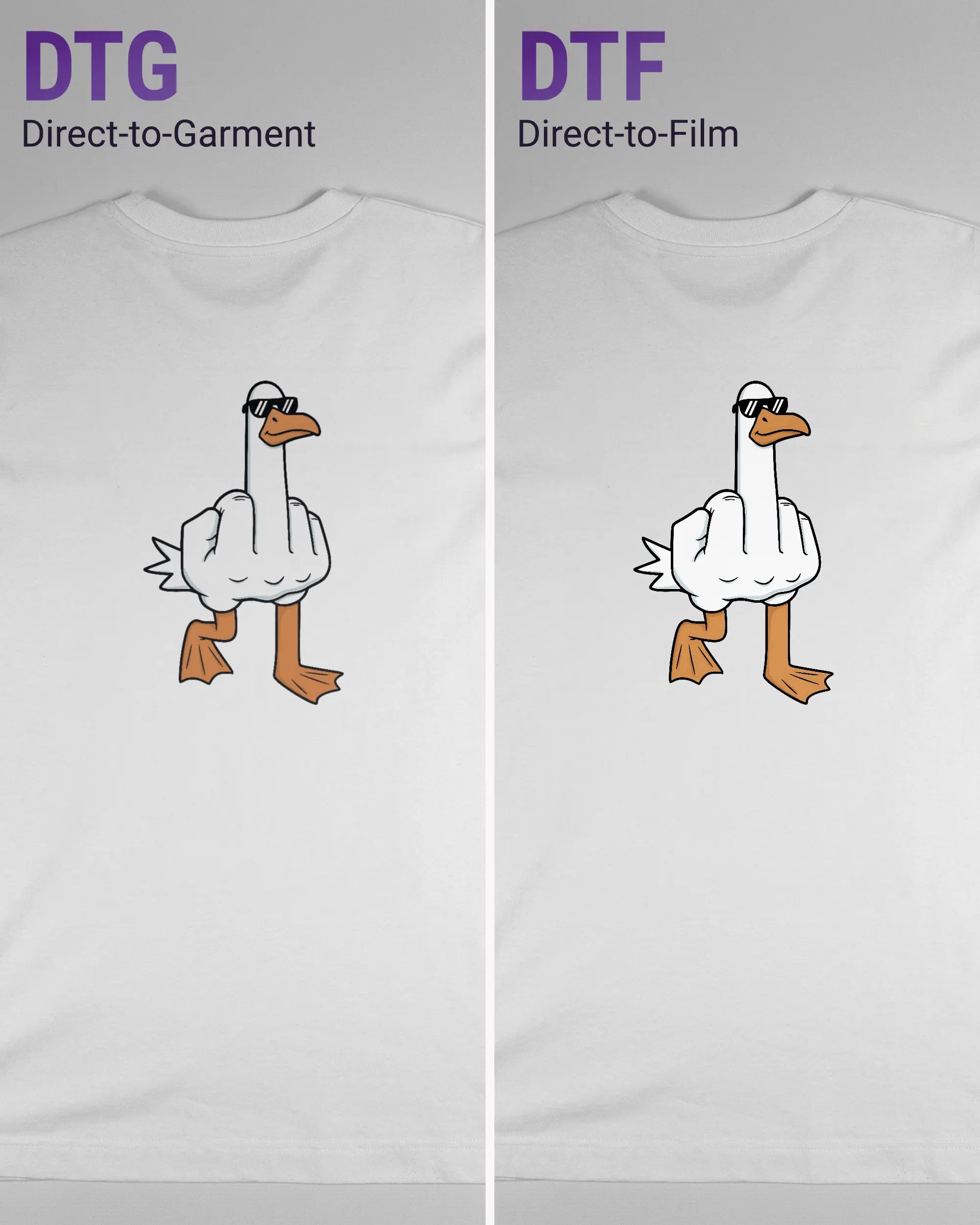 Vergleich der Rückseiten des Organic Unisex T-Shirt Heavy Oversized von Maondo mit dem Design I give a duck in der Farbe White und in der Größe S links mit dem Direct-to-Garment und rechts mit dem Direct-to-Film Verfahren