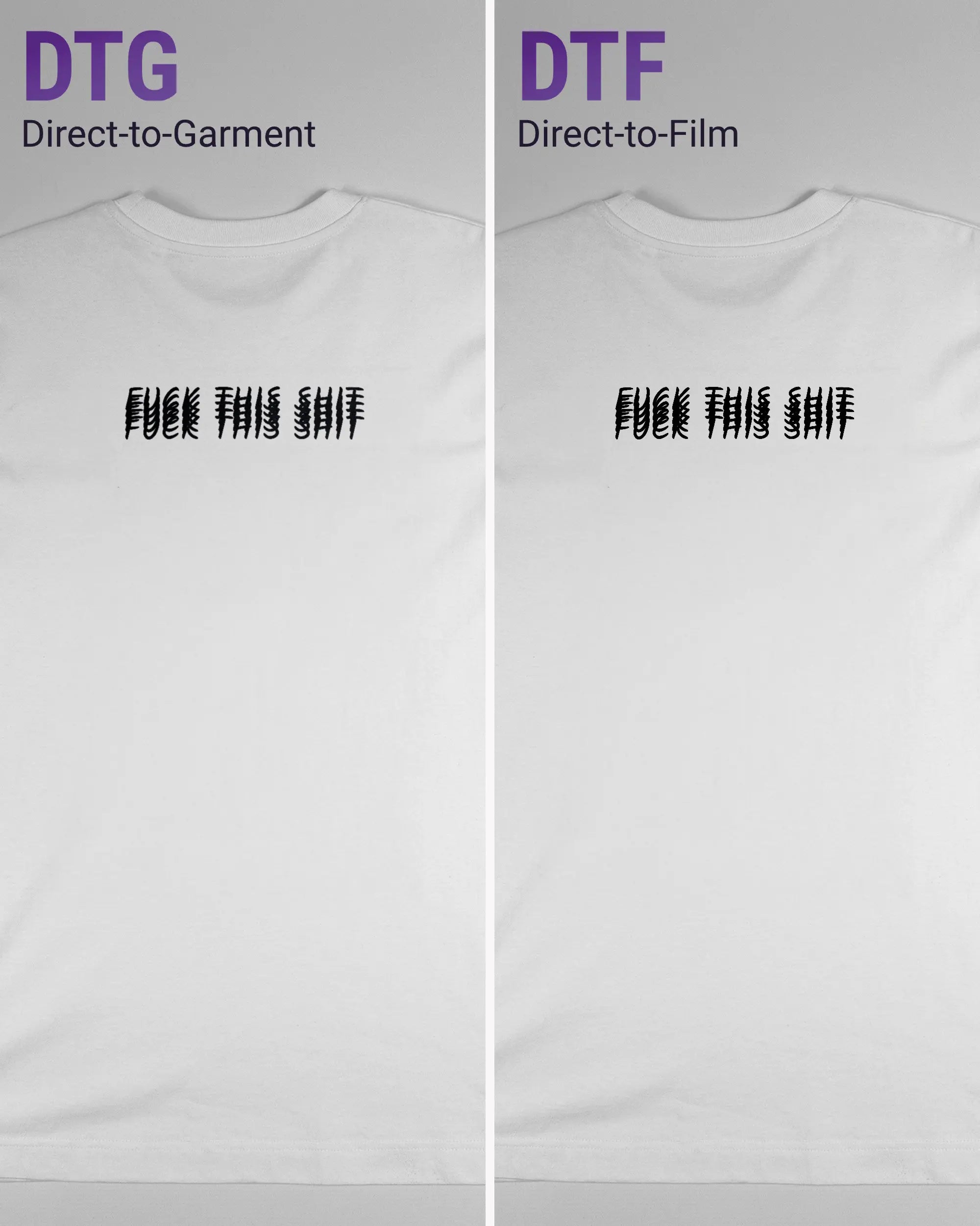 Vergleich der Rückseiten des Organic Unisex T-Shirt Heavy Oversized von Maondo mit dem Design Hidden Message in der Farbe White und in der Größe S links mit dem Direct-to-Garment und rechts mit dem Direct-to-Film Verfahren