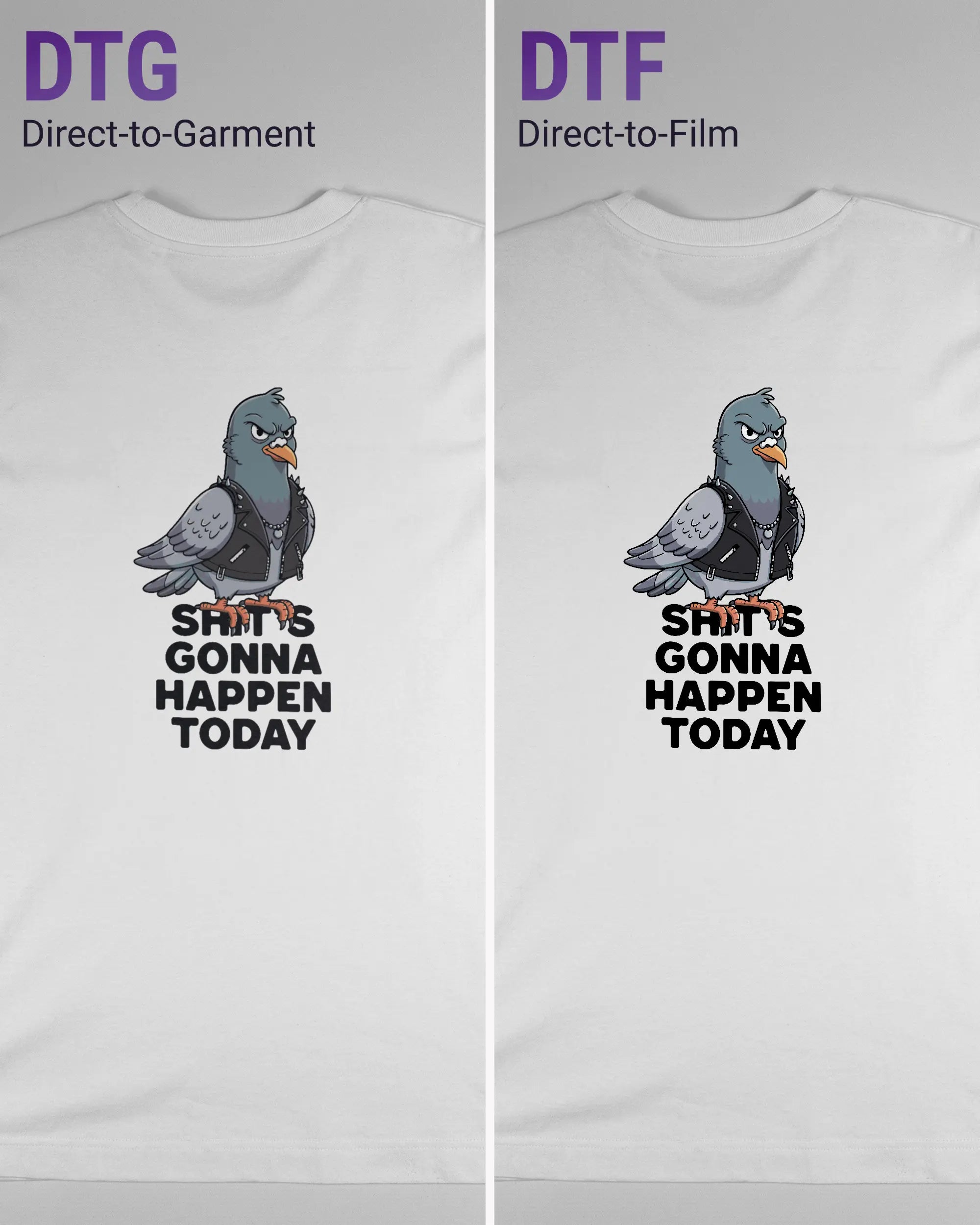 Vergleich der Rückseiten des Organic Unisex T-Shirt Heavy Oversized von Maondo mit dem Design Pigeon Pun in der Farbe White und in der Größe S links mit dem Direct-to-Garment und rechts mit dem Direct-to-Film Verfahren