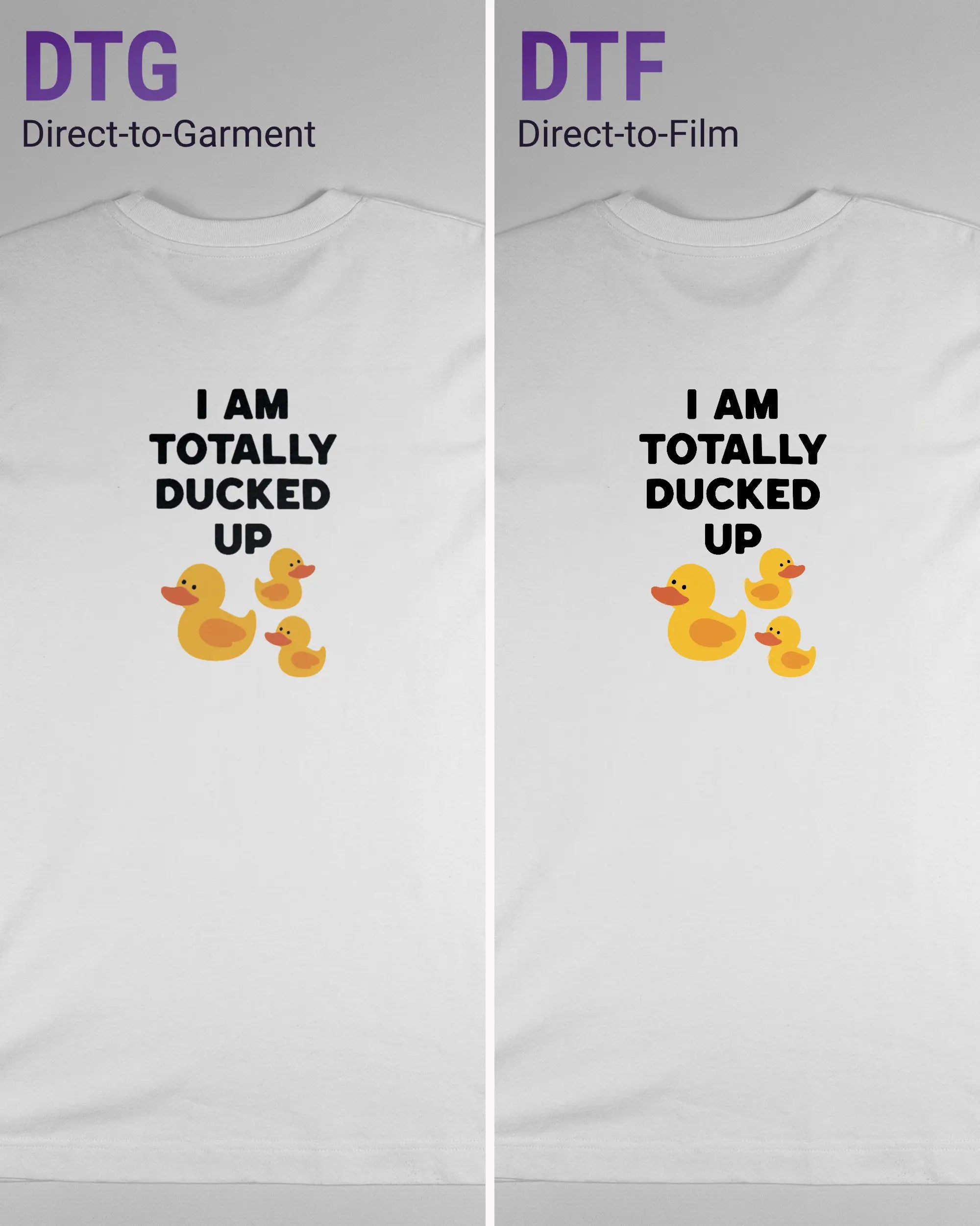 Vergleich der Rückseiten des Organic Unisex T-Shirt Heavy Oversized von Maondo mit dem Design Ducked Up in der Farbe White und in der Größe S links mit dem Direct-to-Garment und rechts mit dem Direct-to-Film Verfahren