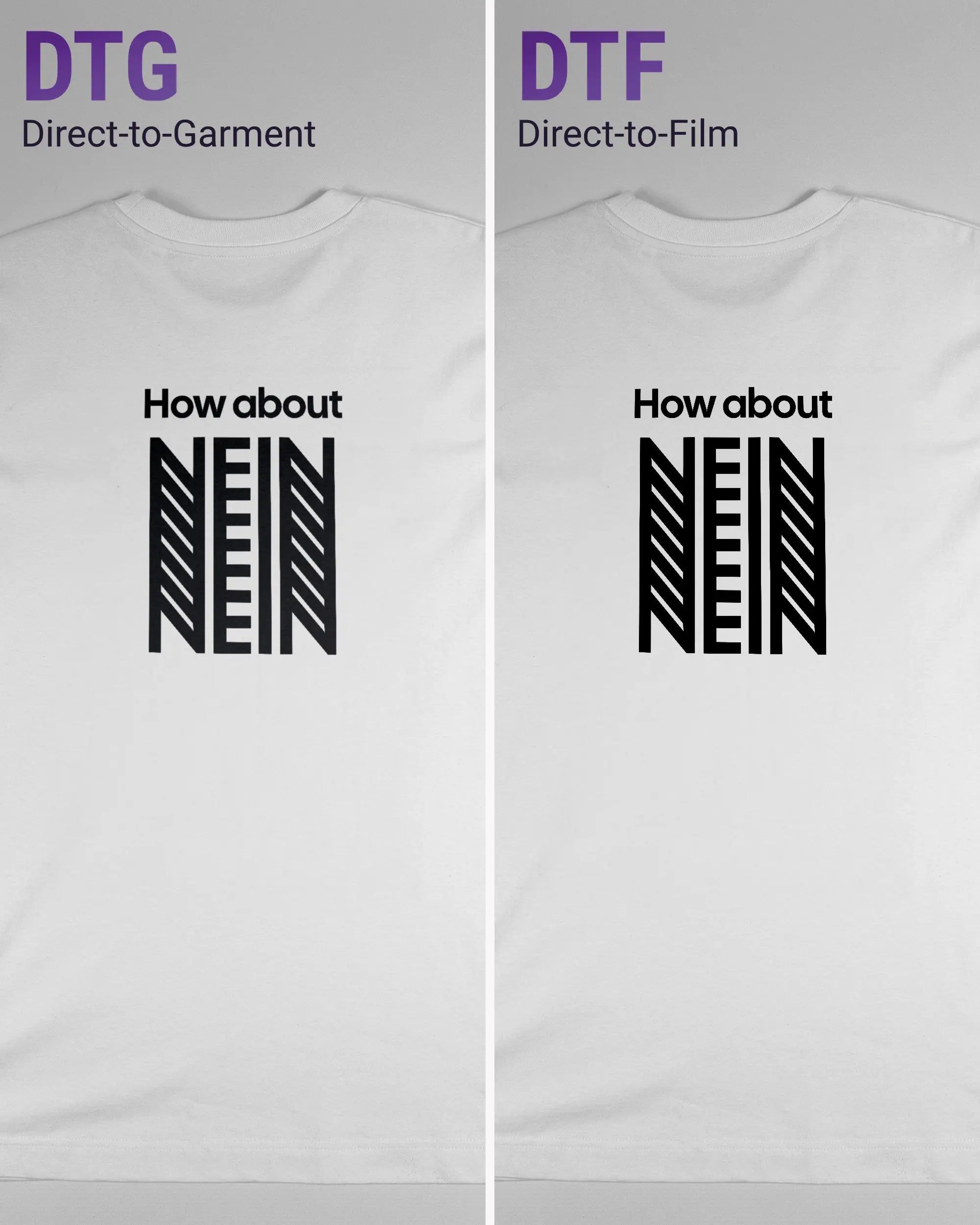 Vergleich der Rückseiten des Organic Unisex T-Shirt Heavy Oversized von Maondo mit dem Design How about nein in der Farbe White und in der Größe S links mit dem Direct-to-Garment und rechts mit dem Direct-to-Film Verfahren