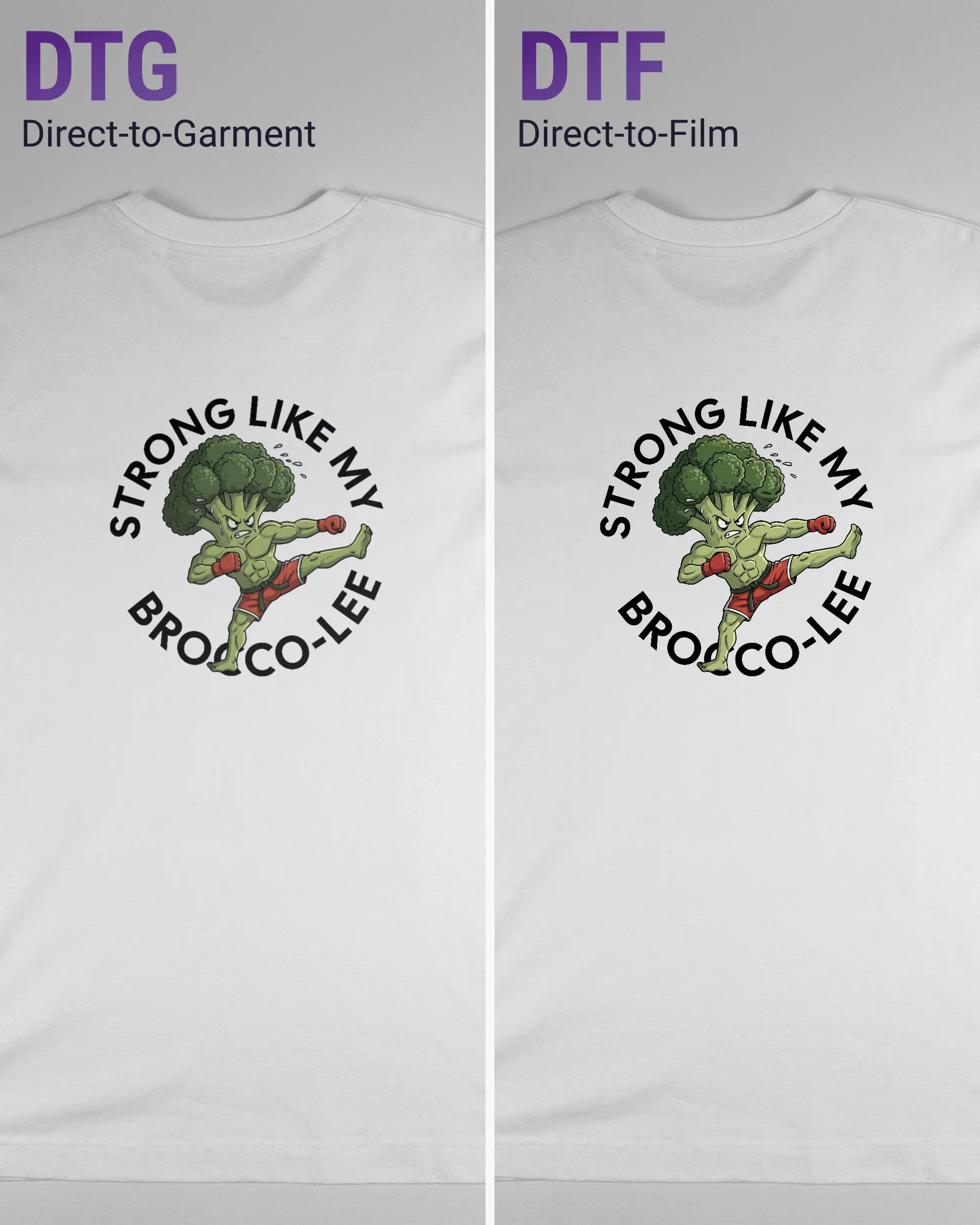 Vergleich der Rückseiten des Organic Unisex T-Shirt Heavy Oversized von Maondo mit dem Design Brocco-Lee in der Farbe White und in der Größe S links mit dem Direct-to-Garment und rechts mit dem Direct-to-Film Verfahren