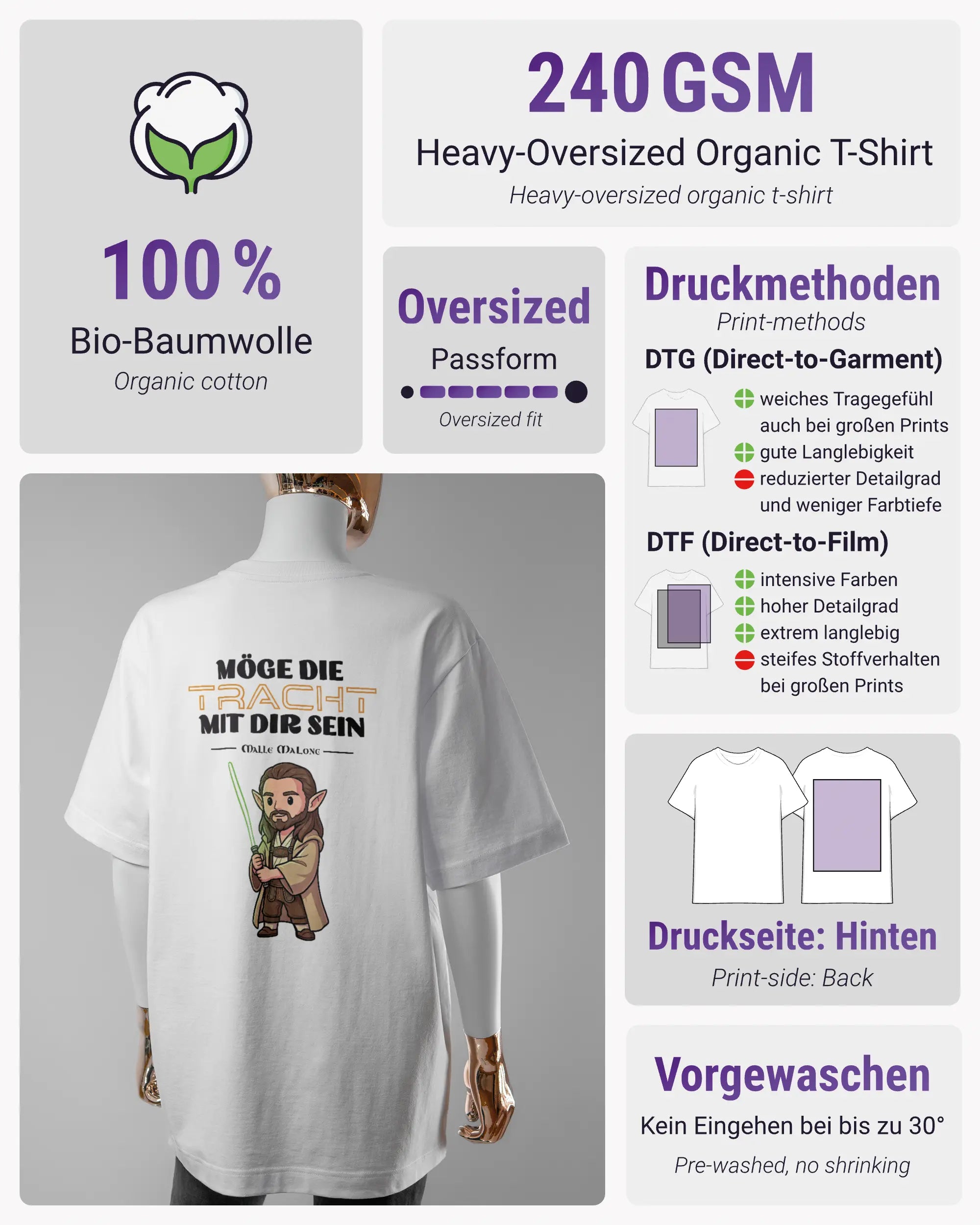 Produktinformationsblatt des Organic Unisex T-Shirt Heavy Oversized von Maondo mit dem Design Tracht mit dir hinten in der Farbe White und in der Größe S