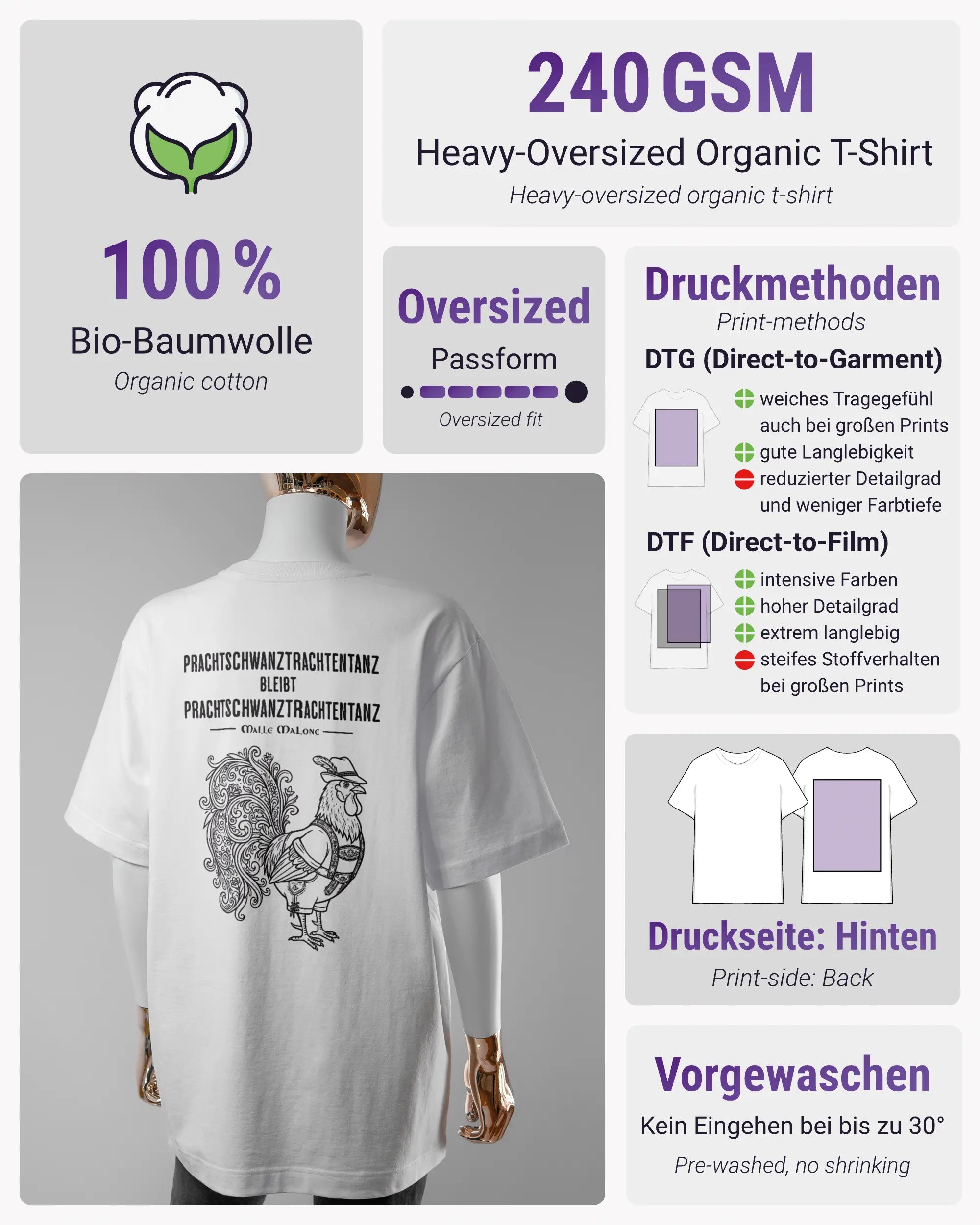 Produktinformationsblatt des Organic Unisex T-Shirt Heavy Oversized von Maondo mit dem Design Trachtentanz hinten in der Farbe White und in der Größe S