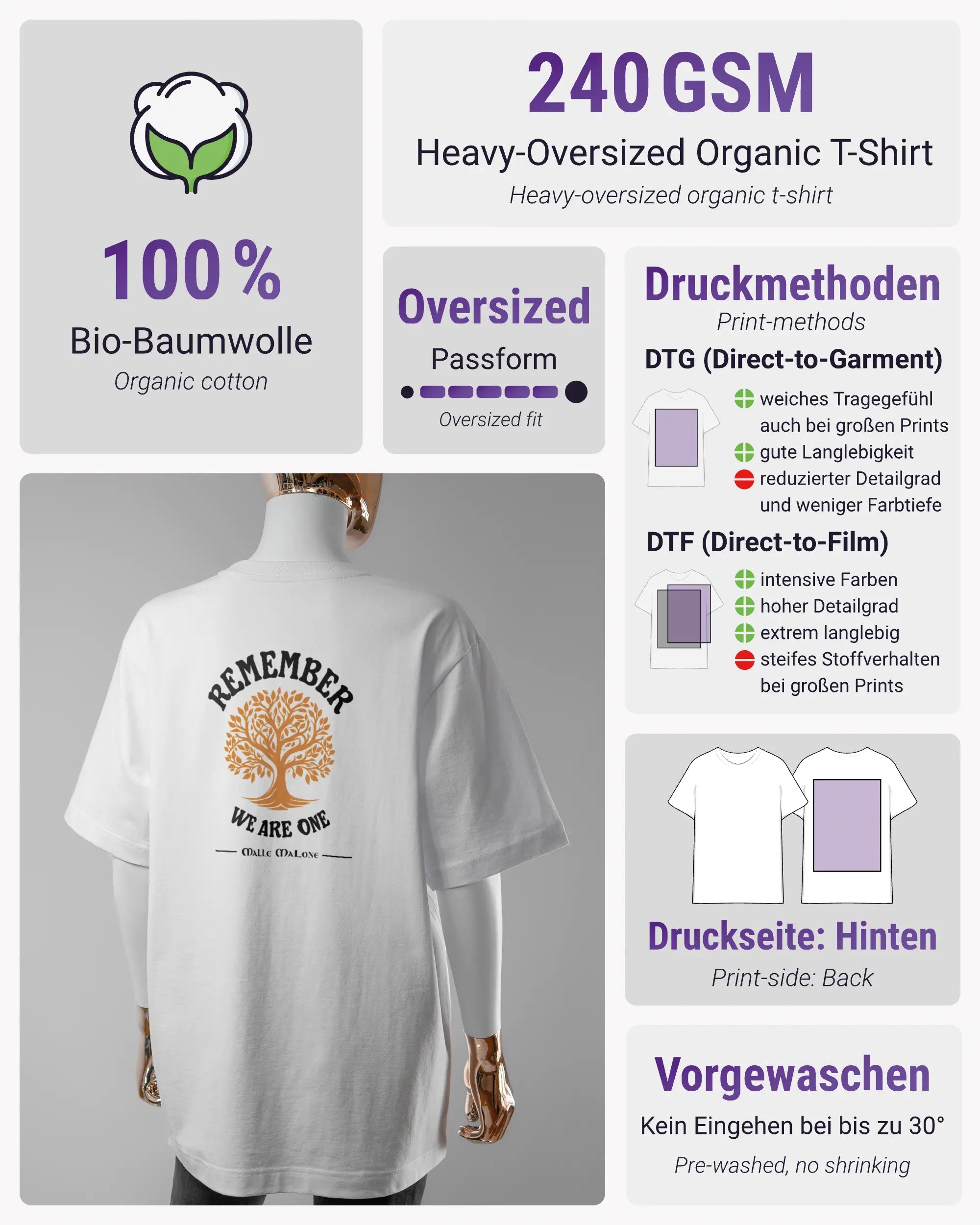 Produktinformationsblatt des Organic Unisex T-Shirt Heavy Oversized von Maondo mit dem Design We are one hinten in der Farbe White und in der Größe S