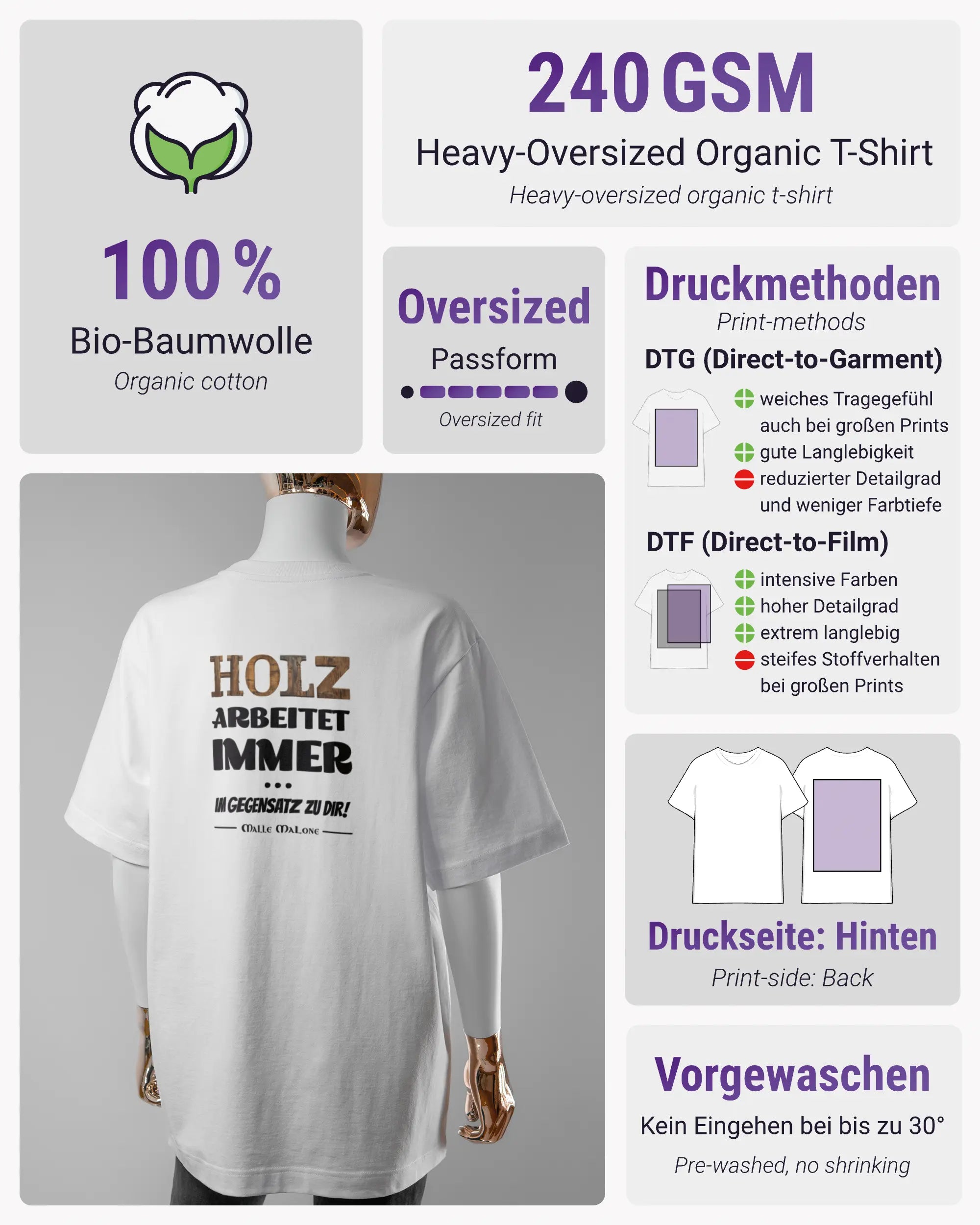 Produktinformationsblatt des Organic Unisex T-Shirt Heavy Oversized von Maondo mit dem Design Holzarbeit hinten in der Farbe White und in der Größe S