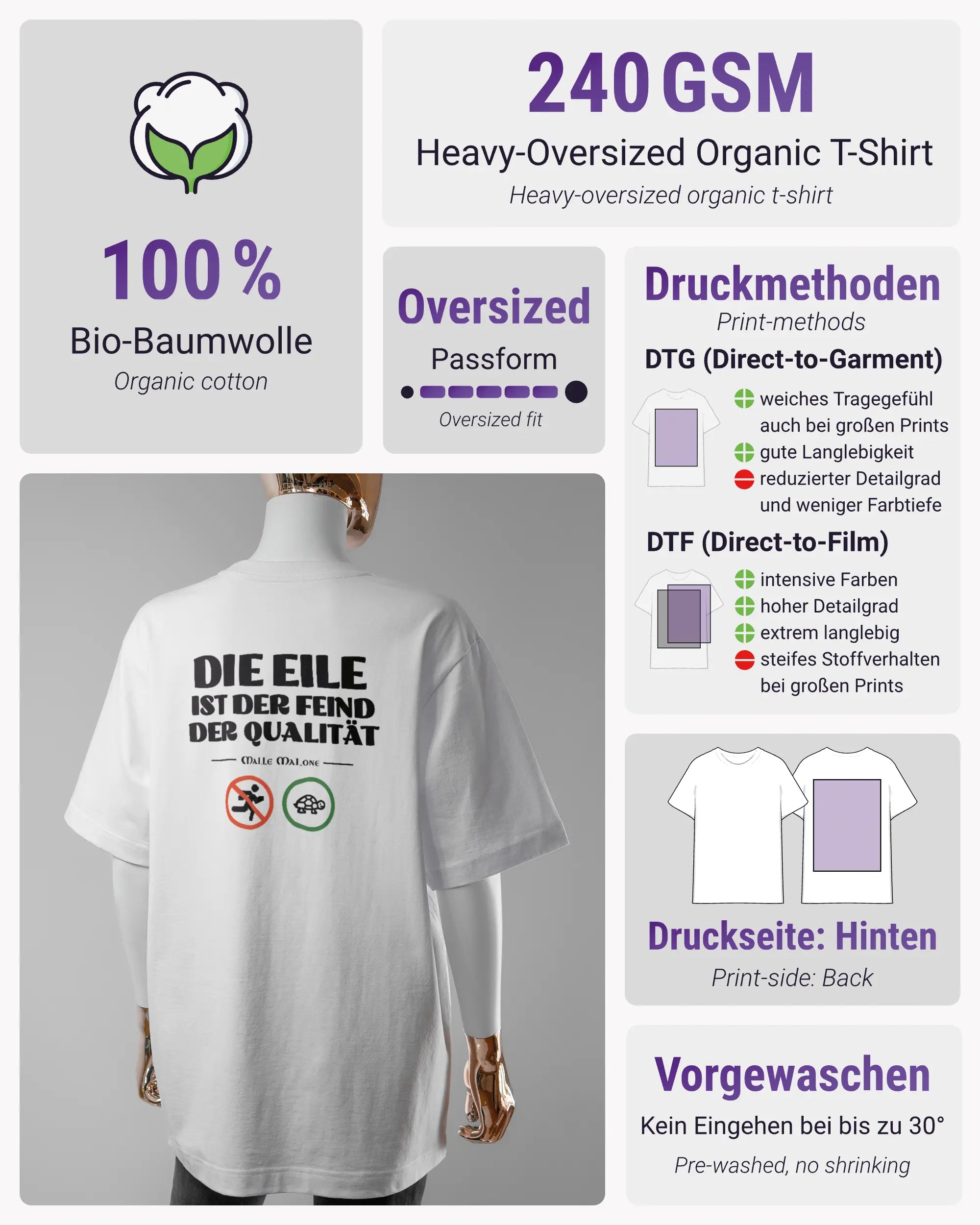 Produktinformationsblatt des Organic Unisex T-Shirt Heavy Oversized von Maondo mit dem Design Keine Eile hinten in der Farbe White und in der Größe S