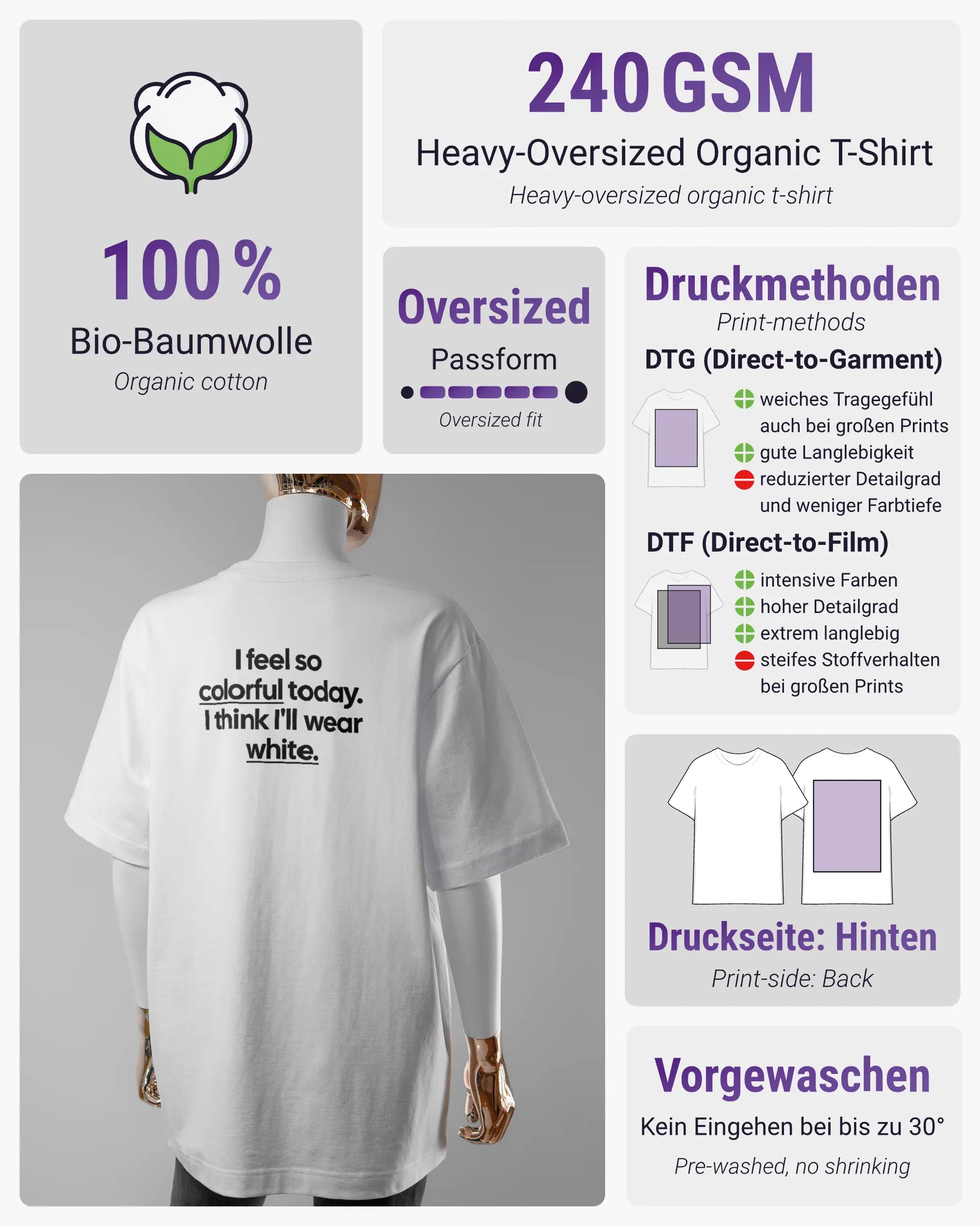 Produktinformationsblatt des Organic Unisex T-Shirt Heavy Oversized von Maondo mit dem Design Colorful Day hinten in der Farbe White und in der Größe S