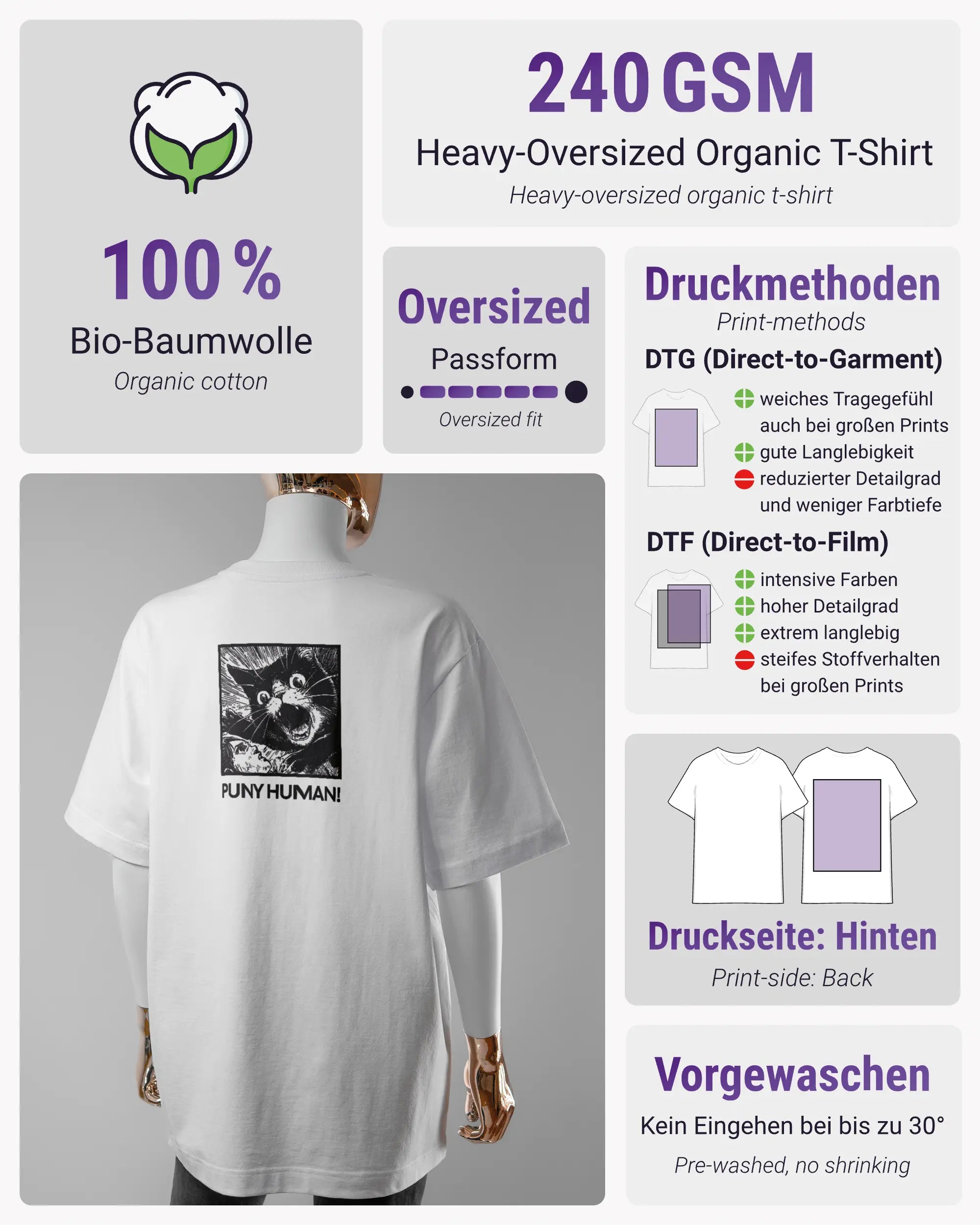 Produktinformationsblatt des Organic Unisex T-Shirt Heavy Oversized von Maondo mit dem Design Puny Human hinten in der Farbe White und in der Größe S