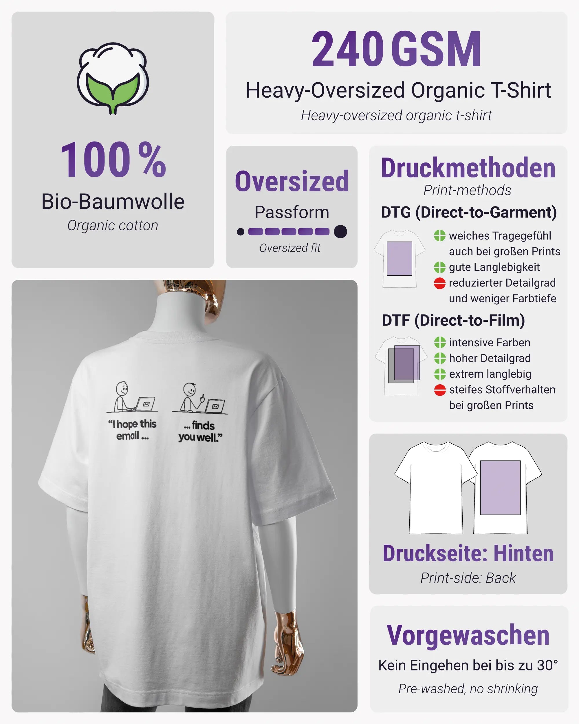 Produktinformationsblatt des Organic Unisex T-Shirt Heavy Oversized von Maondo mit dem Design Found me not well hinten in der Farbe White und in der Größe S