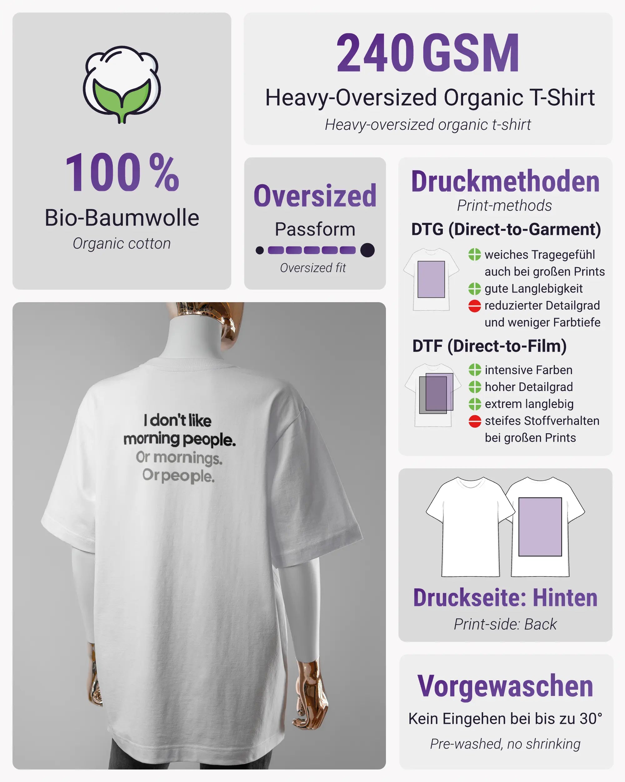Produktinformationsblatt des Organic Unisex T-Shirt Heavy Oversized von Maondo mit dem Design Morning Person hinten in der Farbe White und in der Größe S