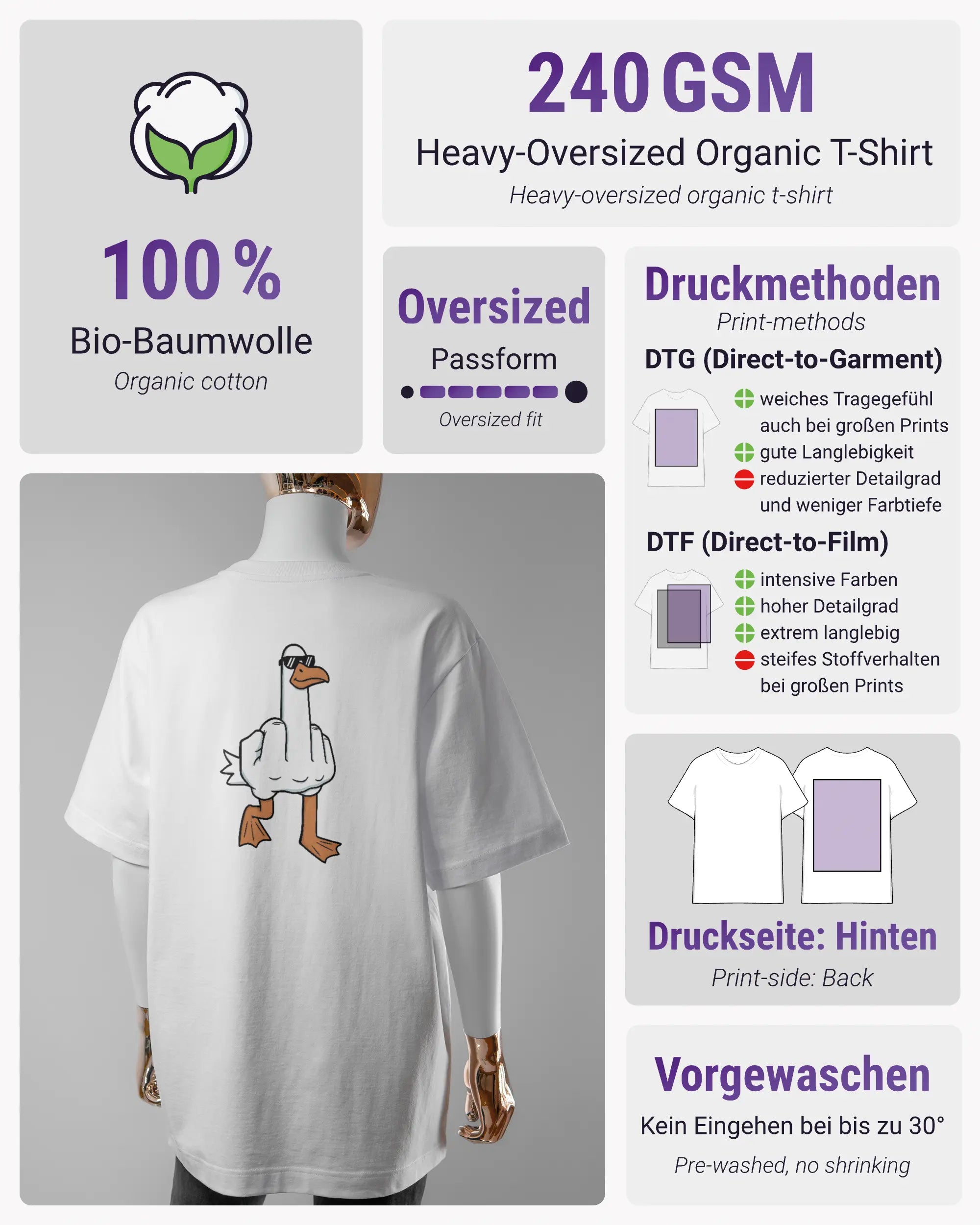 Produktinformationsblatt des Organic Unisex T-Shirt Heavy Oversized von Maondo mit dem Design I give a duck hinten in der Farbe White und in der Größe S